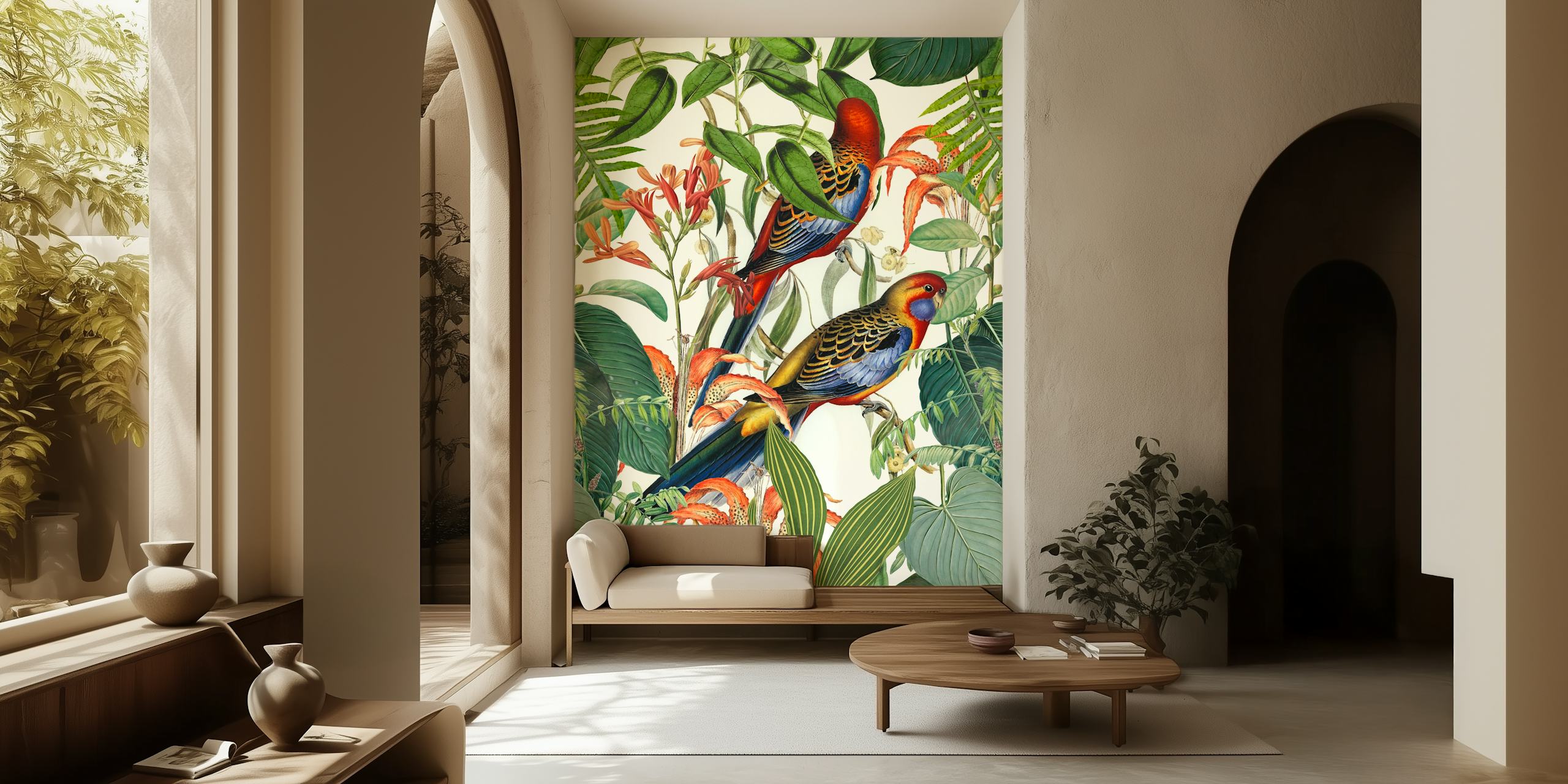 Tropical parakeet wallpaper in a room