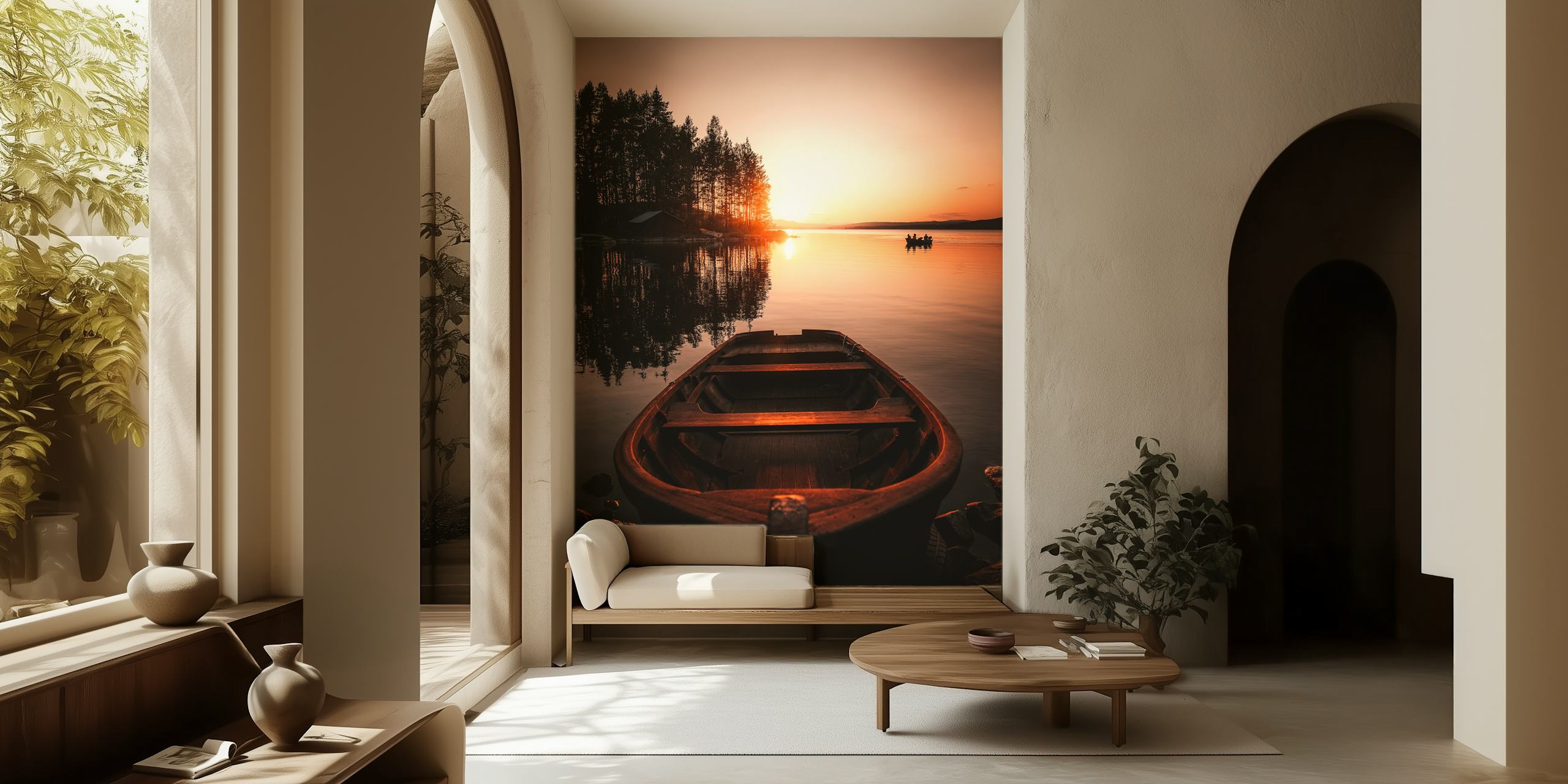Boat on calm water at sunset with trees reflecting wallpaper