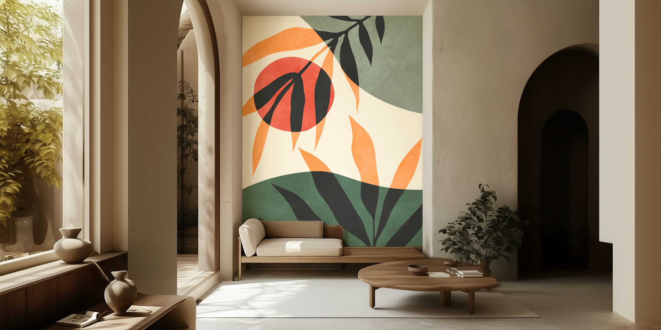 Botanical abstract design with earthy leaves and red circles wallpaper