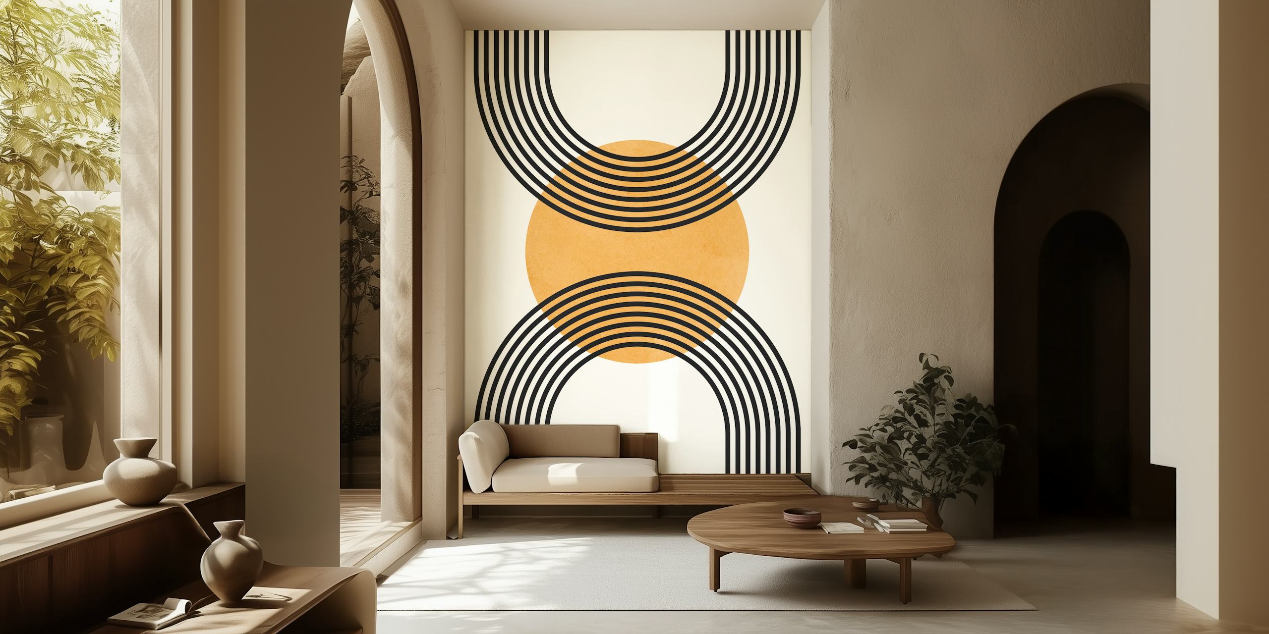 Minimalist lines and circles wall mural in black and gold tones