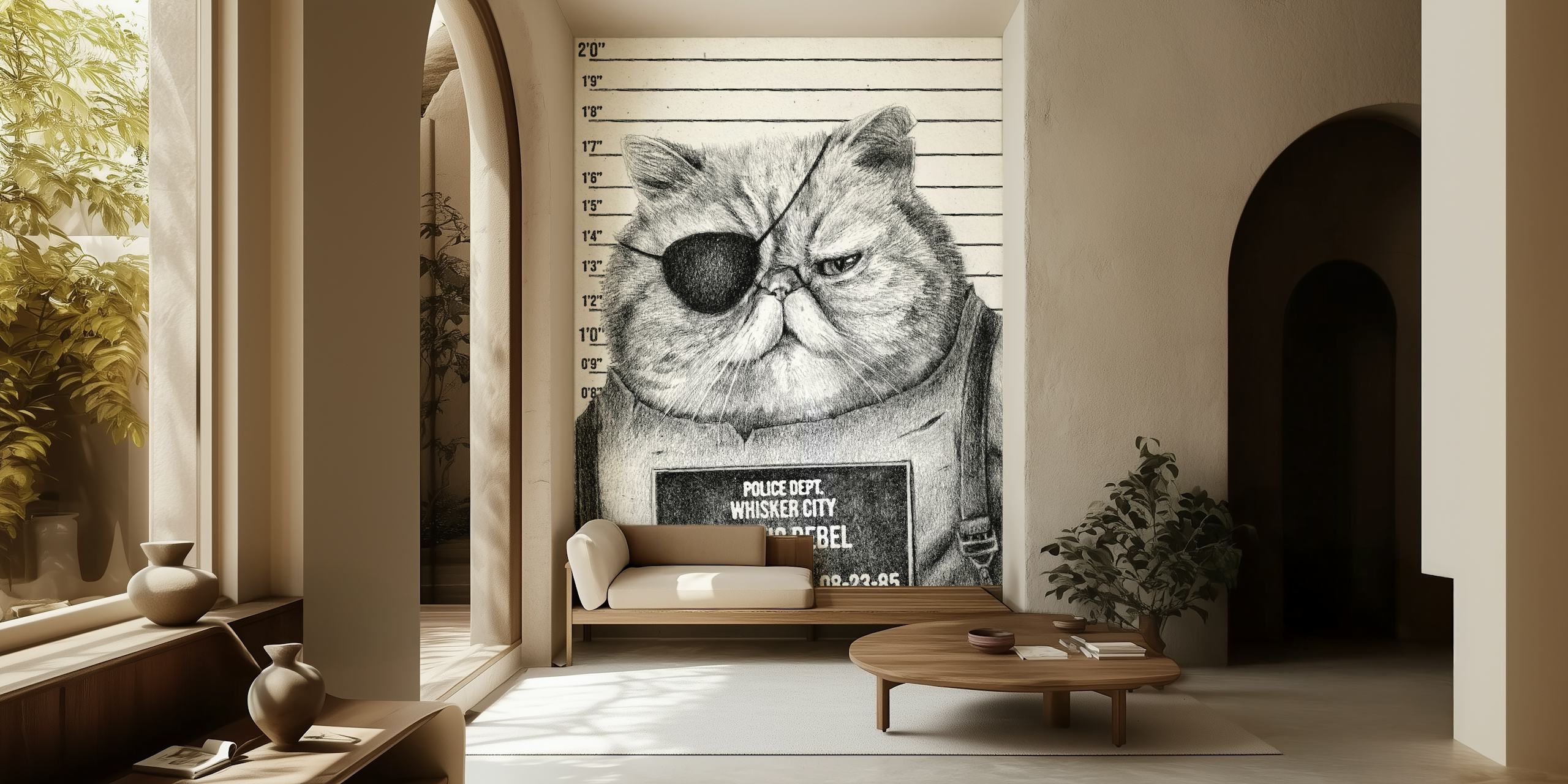 cat mugshot with pirate eye patch and police number wallpaper