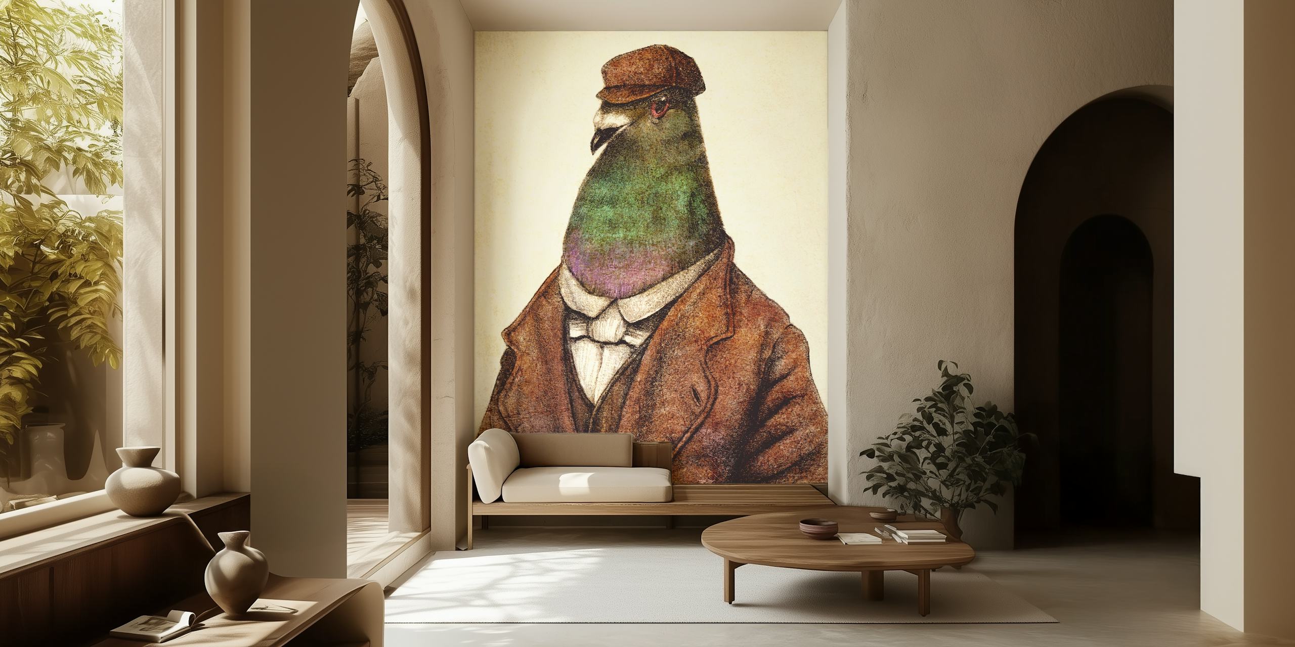 Whimsical pigeon wallpaper in a room