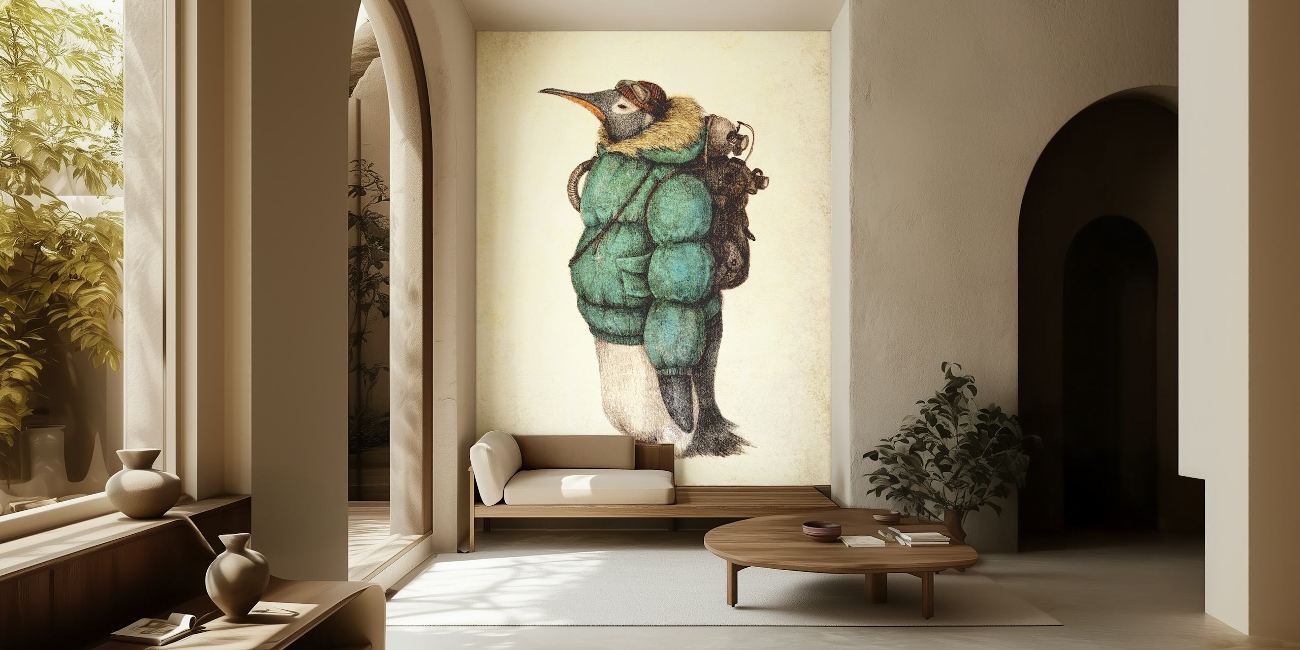 Penguin wearing a green jacket and backpack art wallpaper
