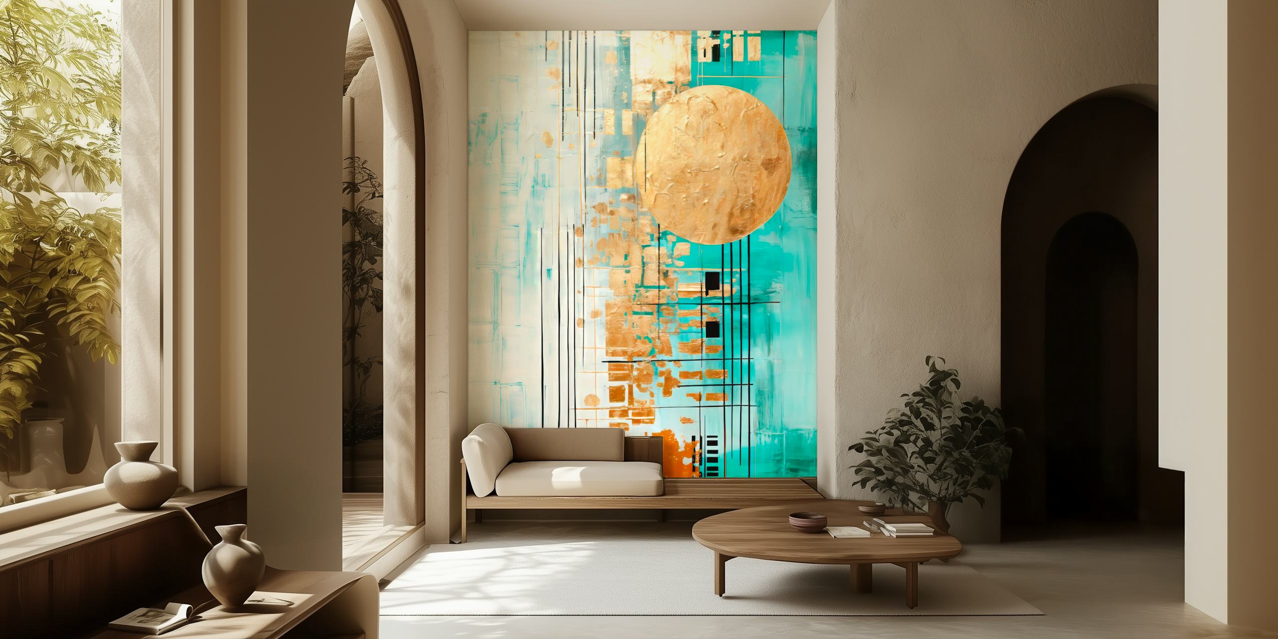 Carta da parati astratta con tonalità oro, blu e bianche e un cerchio dorato centrale che ricorda il sole