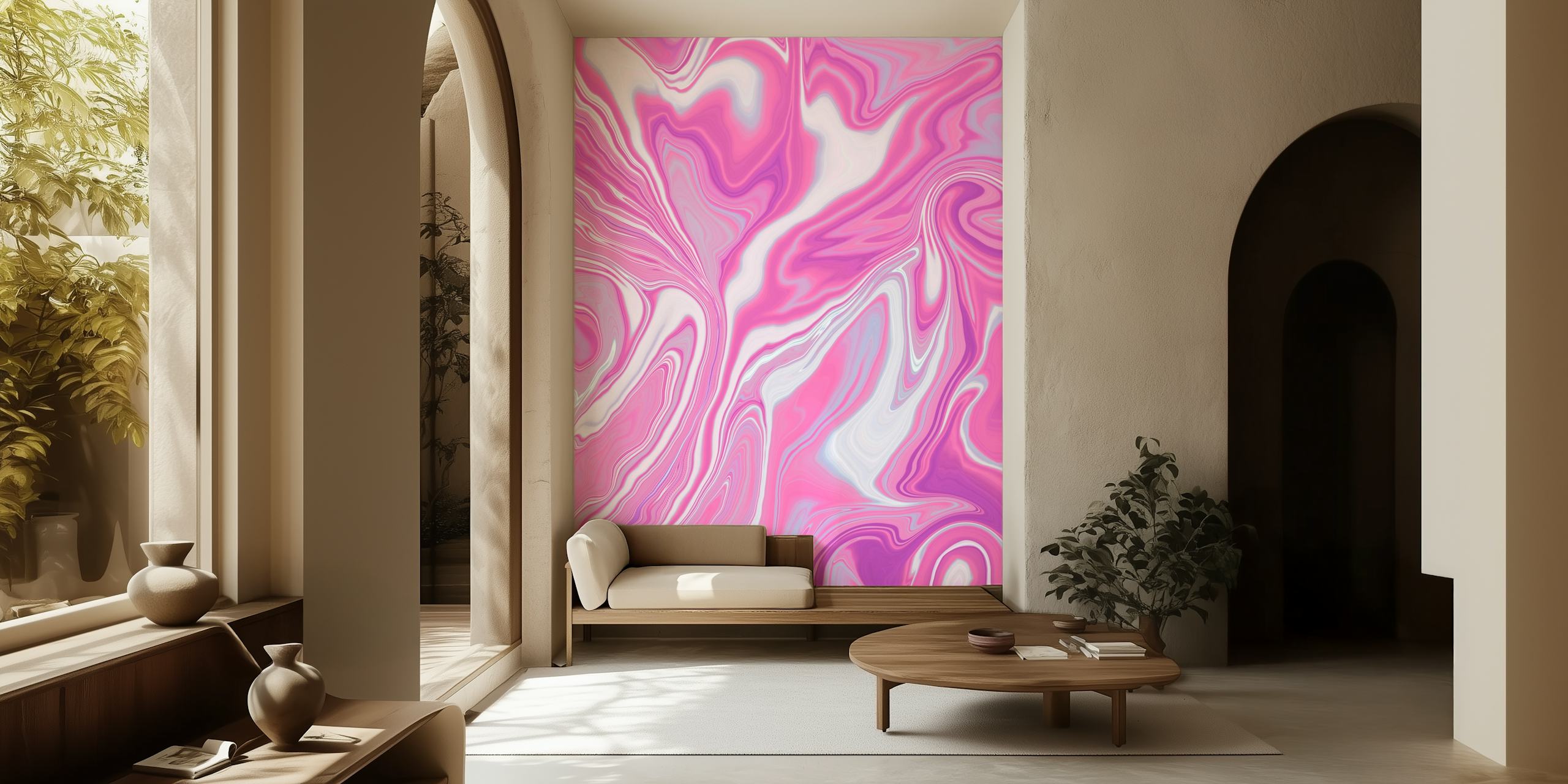 Pink and white liquid swirl pattern wall mural