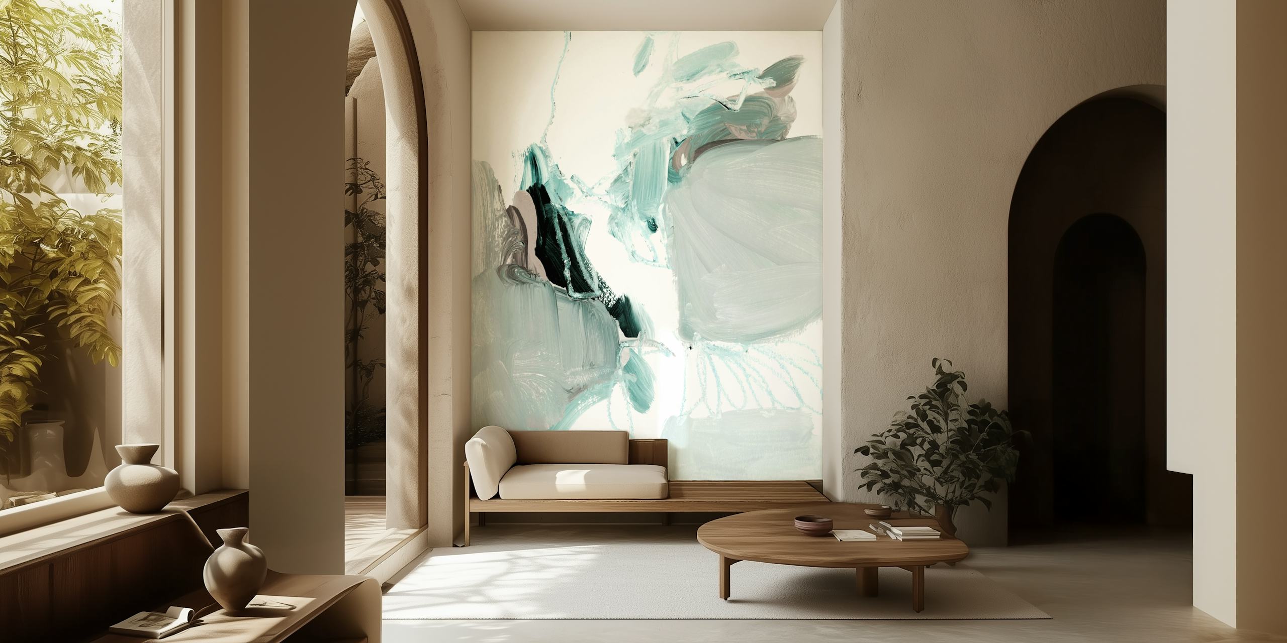 Abstract brushstroke design in teal and black colors wallpaper