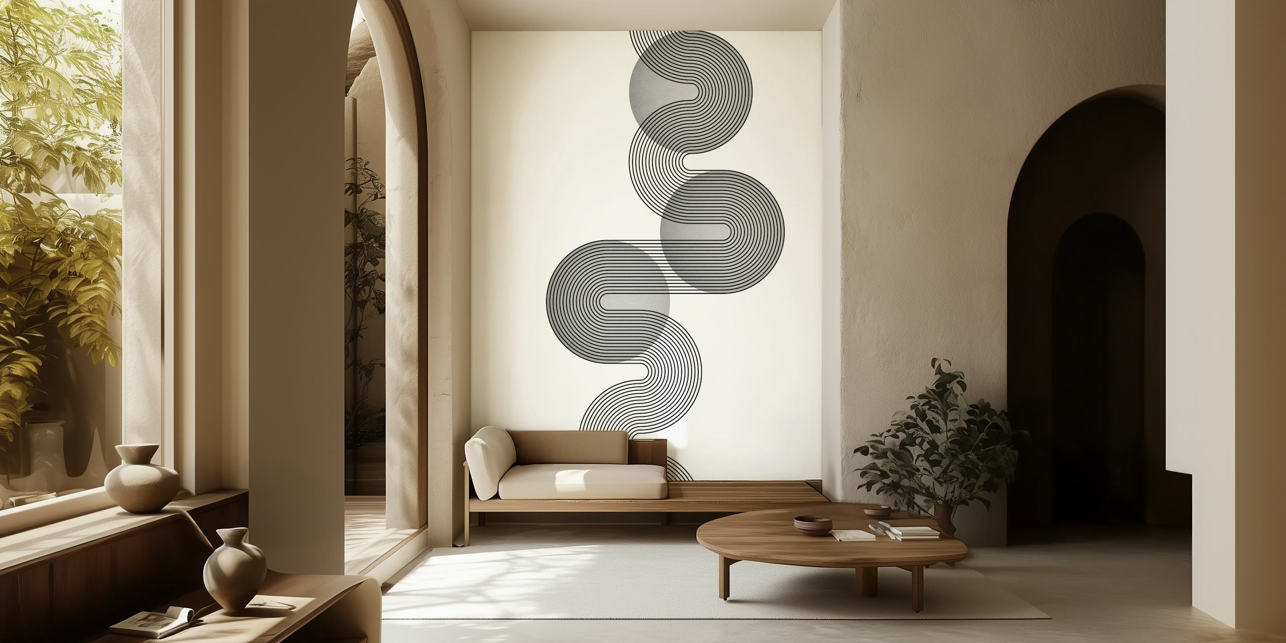 Monochrome Bauhaus-inspired wall mural with intertwined geometric shapes in platinum hues