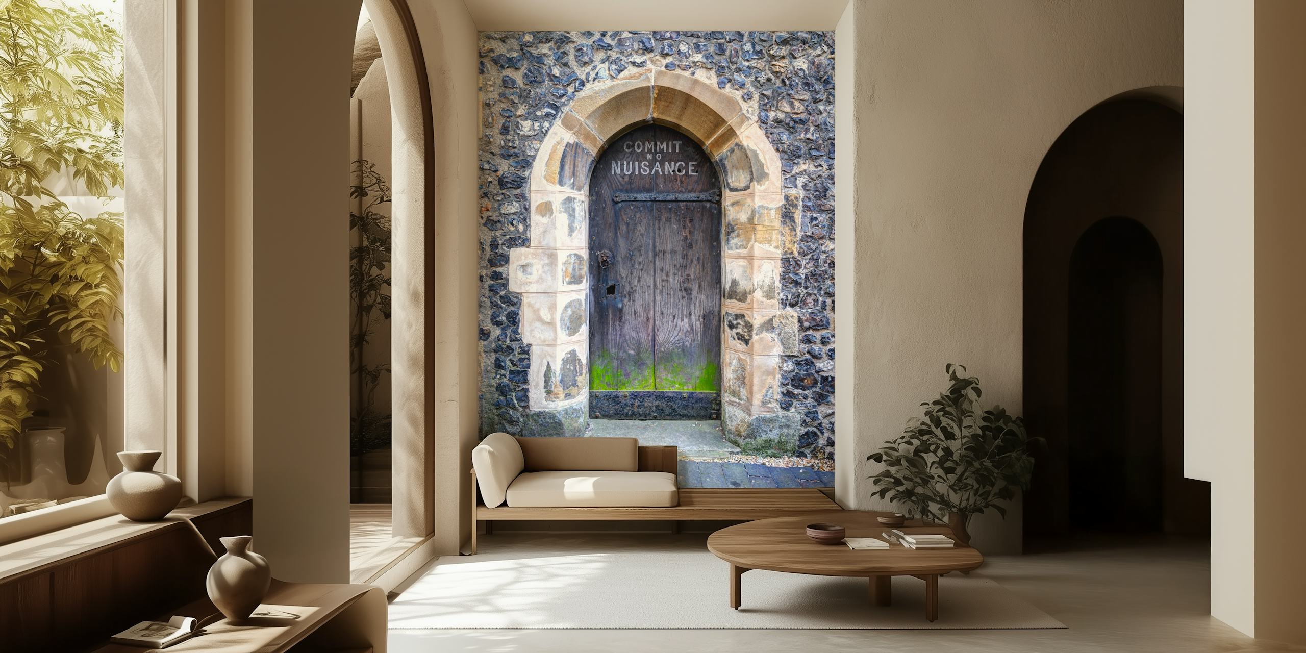 Weathered stone wall with an arched doorway and text 'COMMIT NO NUISANCE' wallpaper