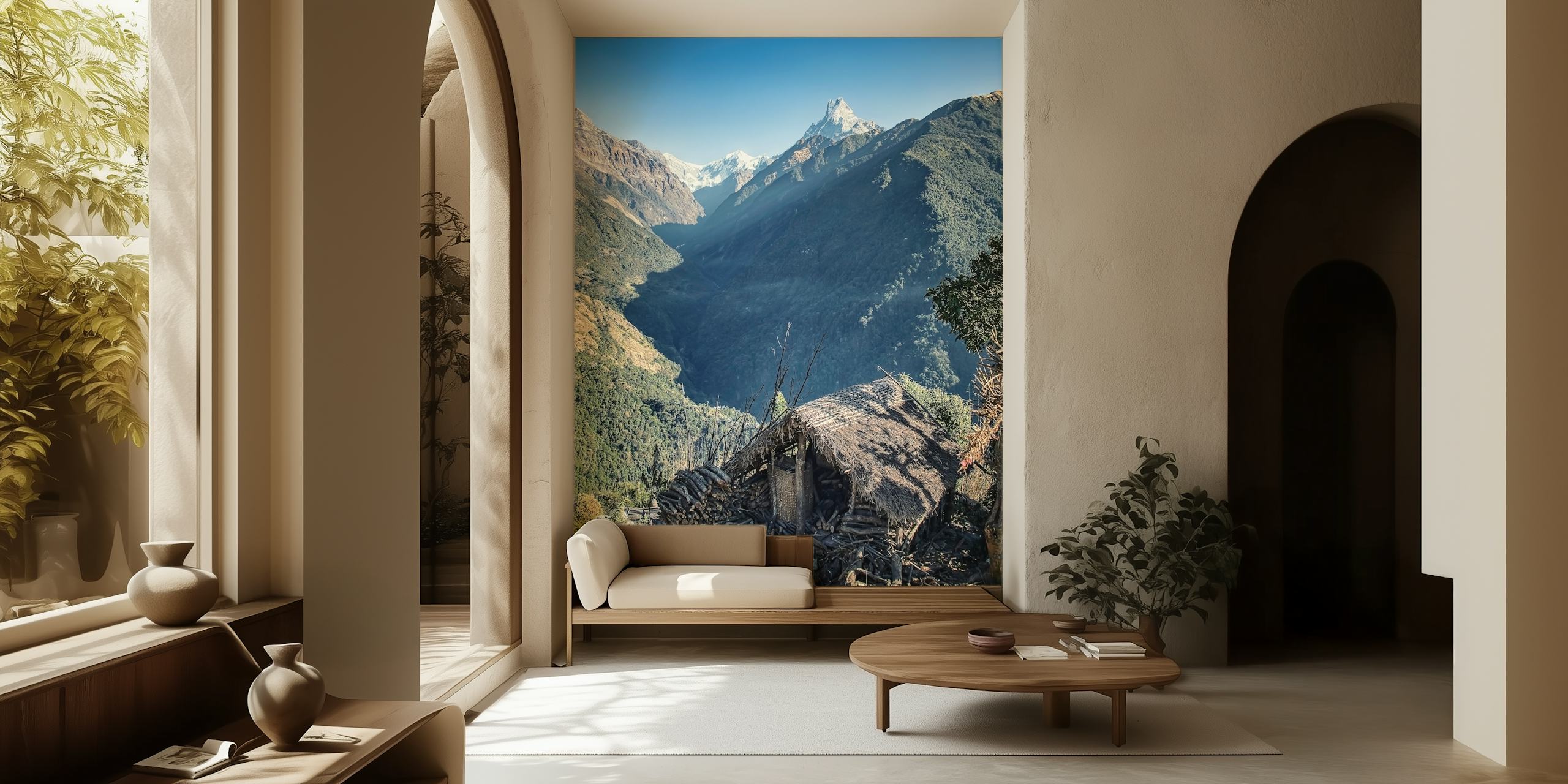 Himalayan mountain landscape featuring peaks and greenery wallpaper