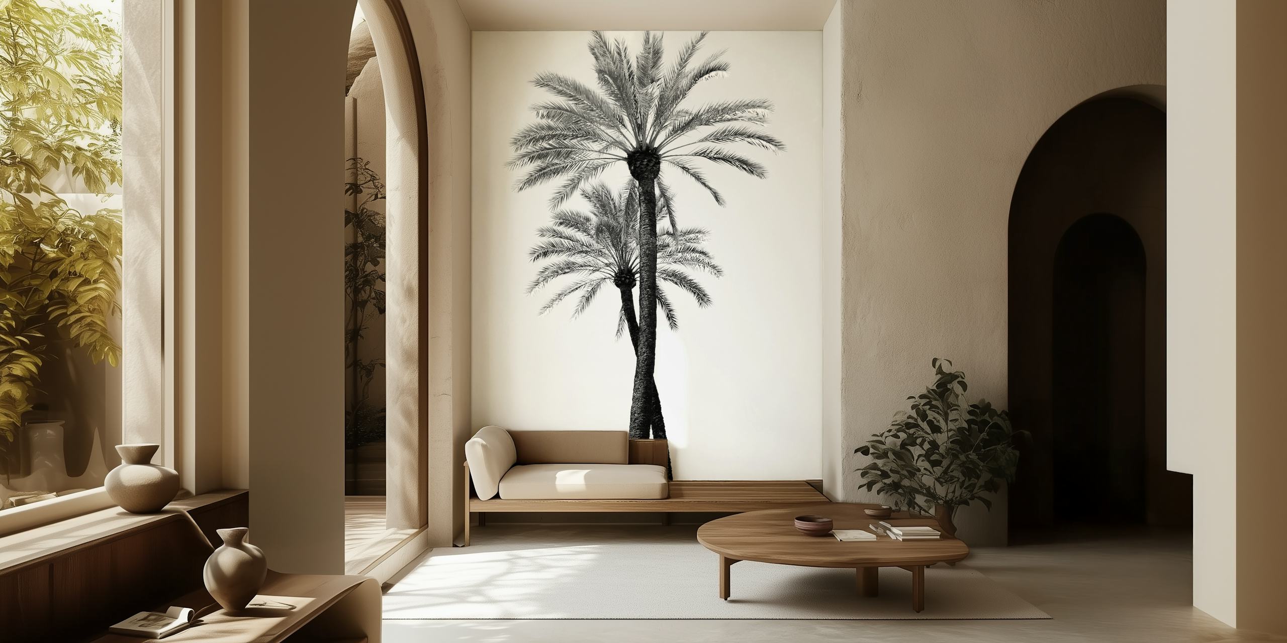 Twee palmboom silhouetten tegen een witte achtergrond zwart-wit wallpaper