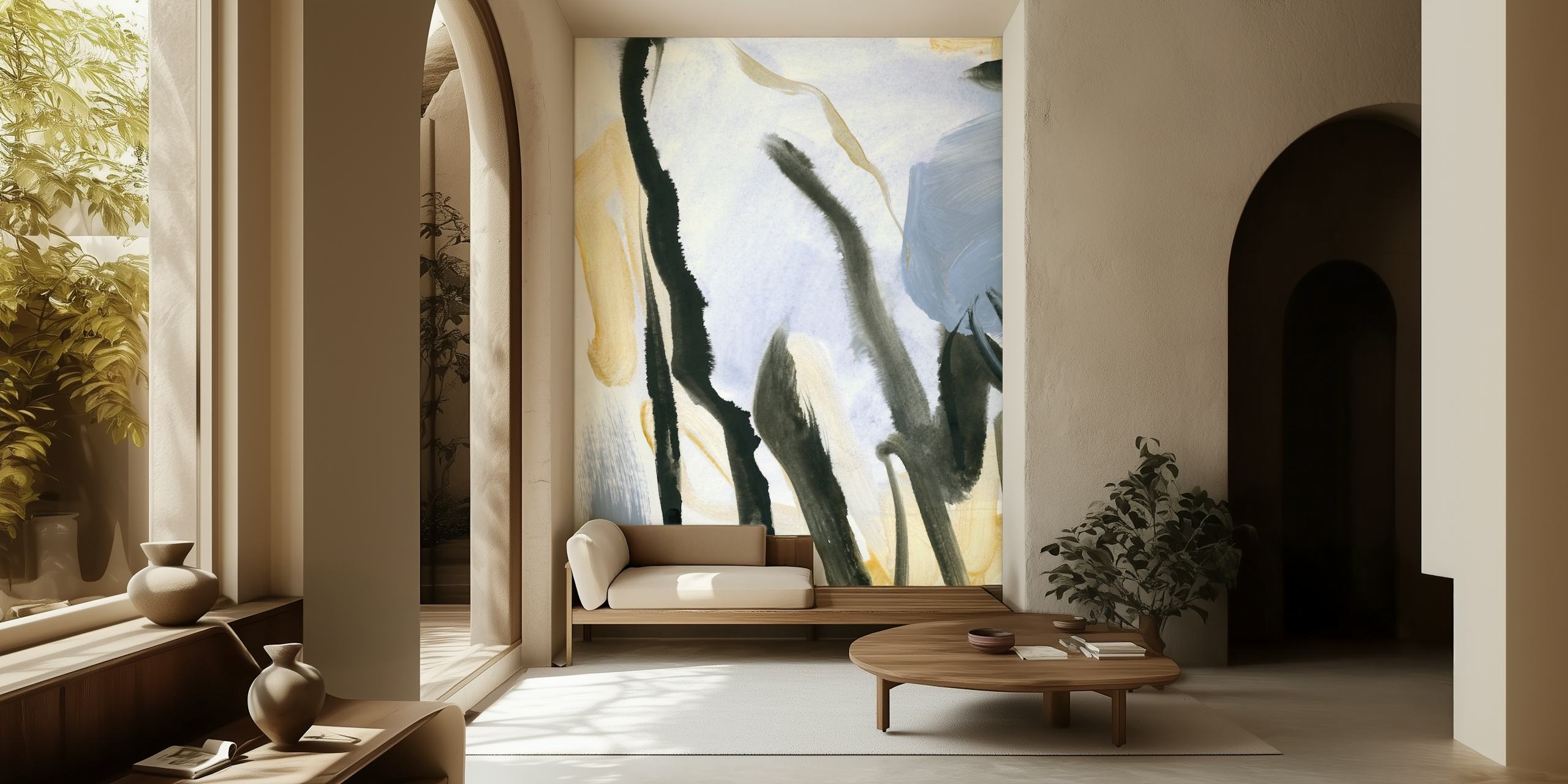 Abstract brush strokes in blue, black, and beige wallpaper