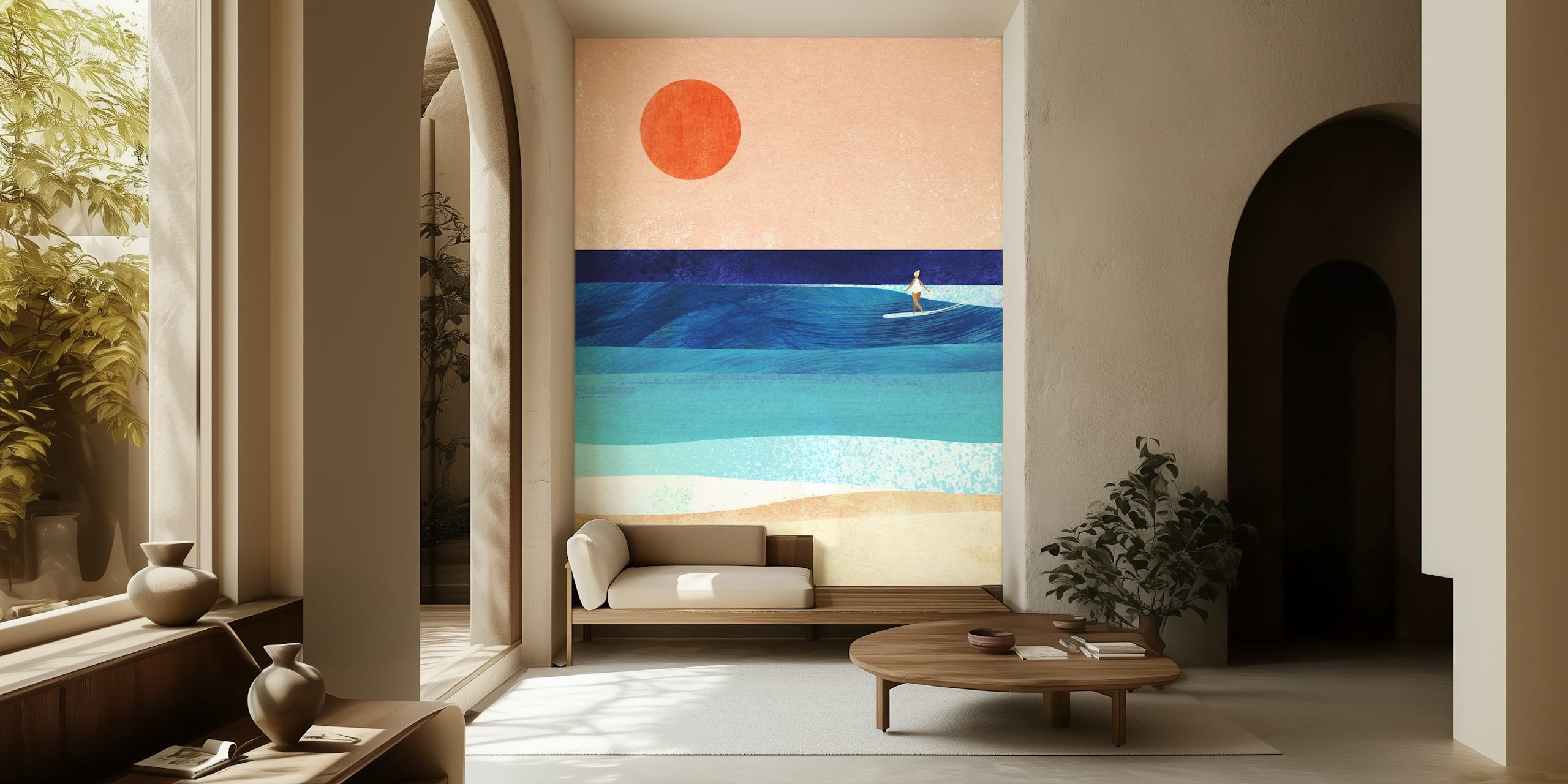 Surfer surfant sur des vagues avec un arrière-plan de coucher de soleil