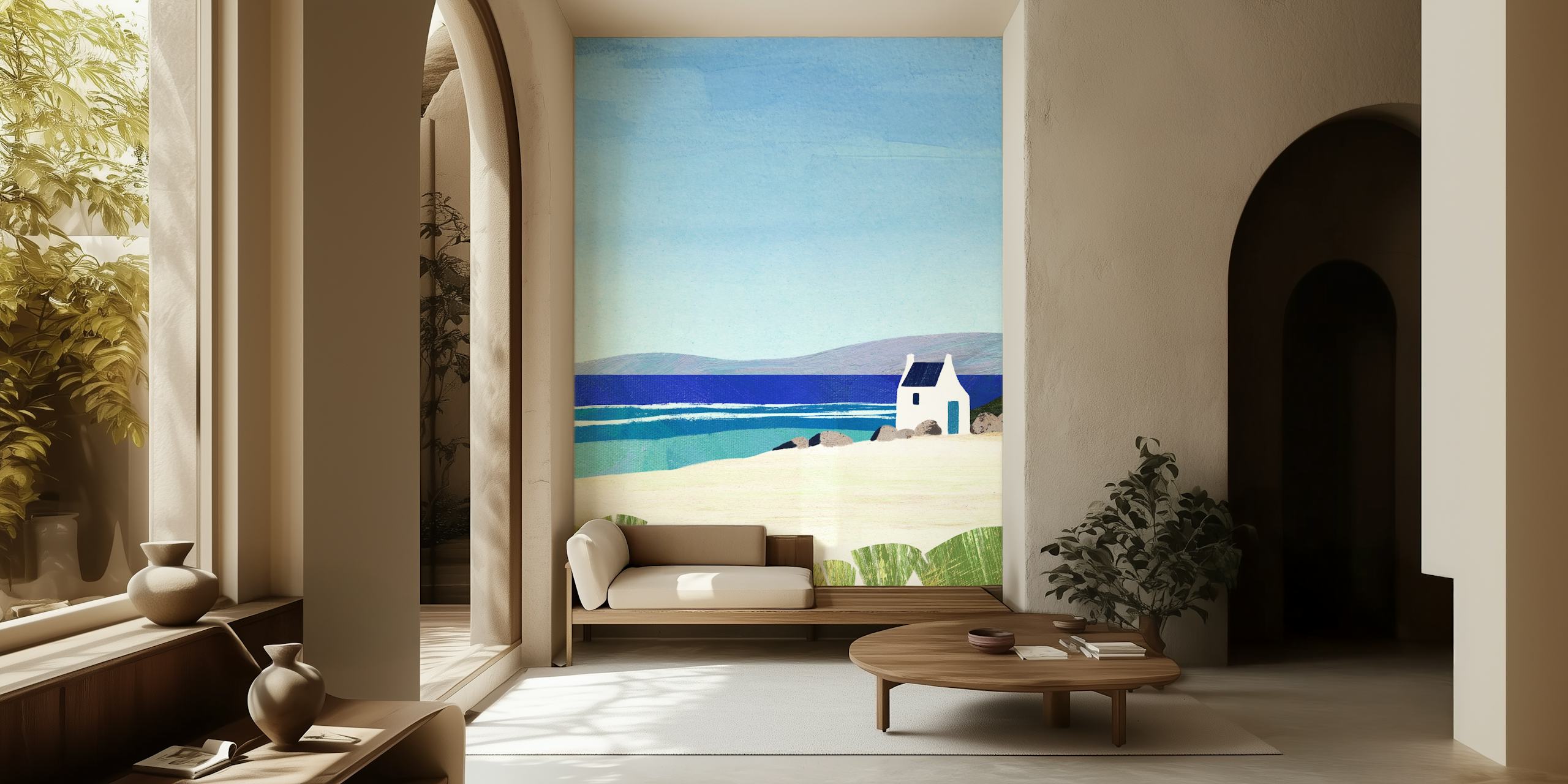 Coastal landscape with white cottage, blue sea, green plants wallpaper
