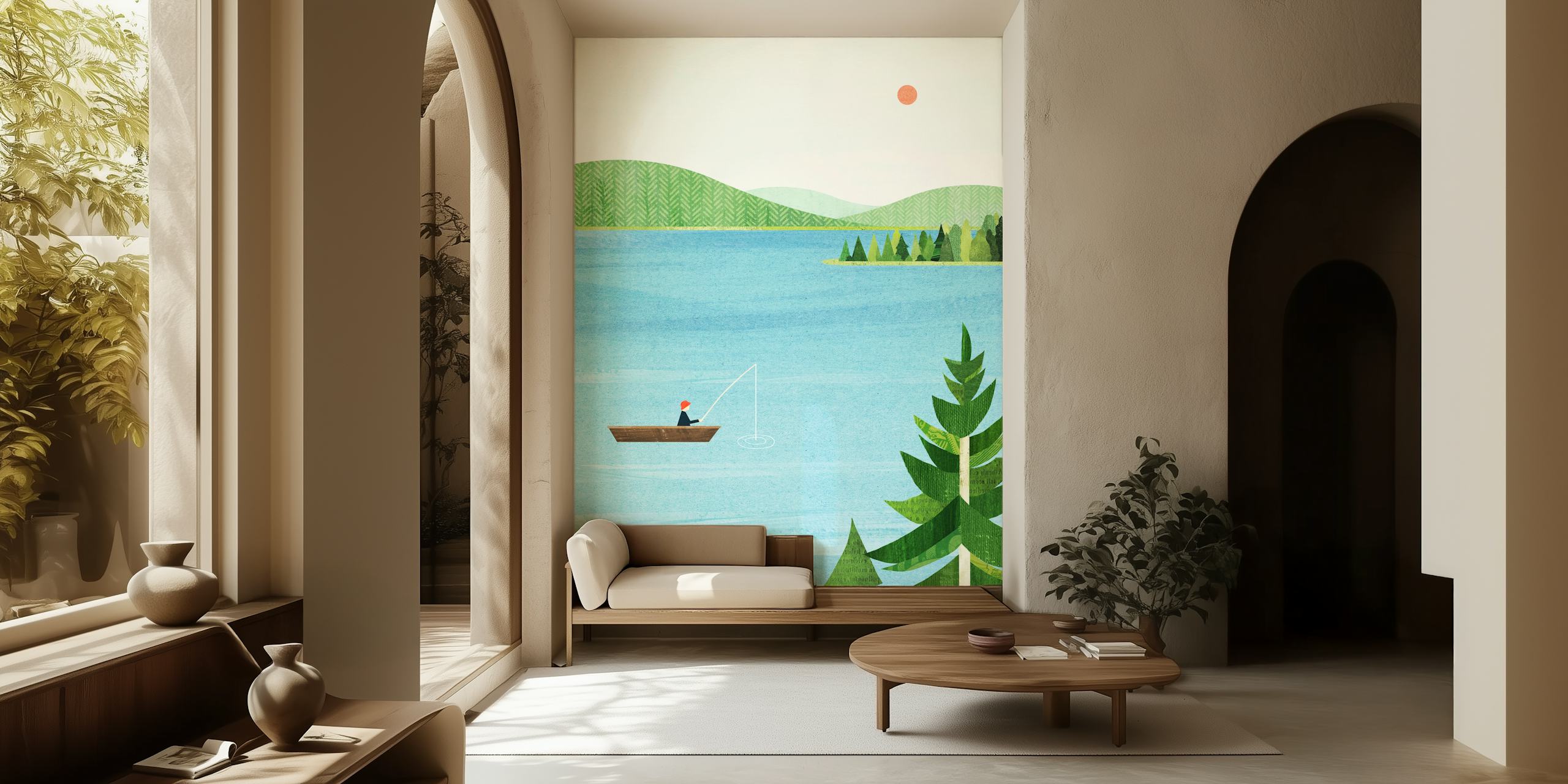 Illustrated wall mural of a person fishing on a calm lake with rolling hills and pine trees