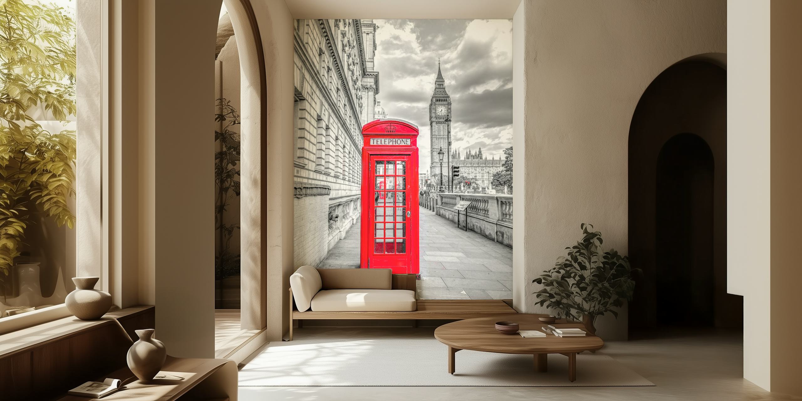 Klassisk rød britisk telefonboks foran Big Ben