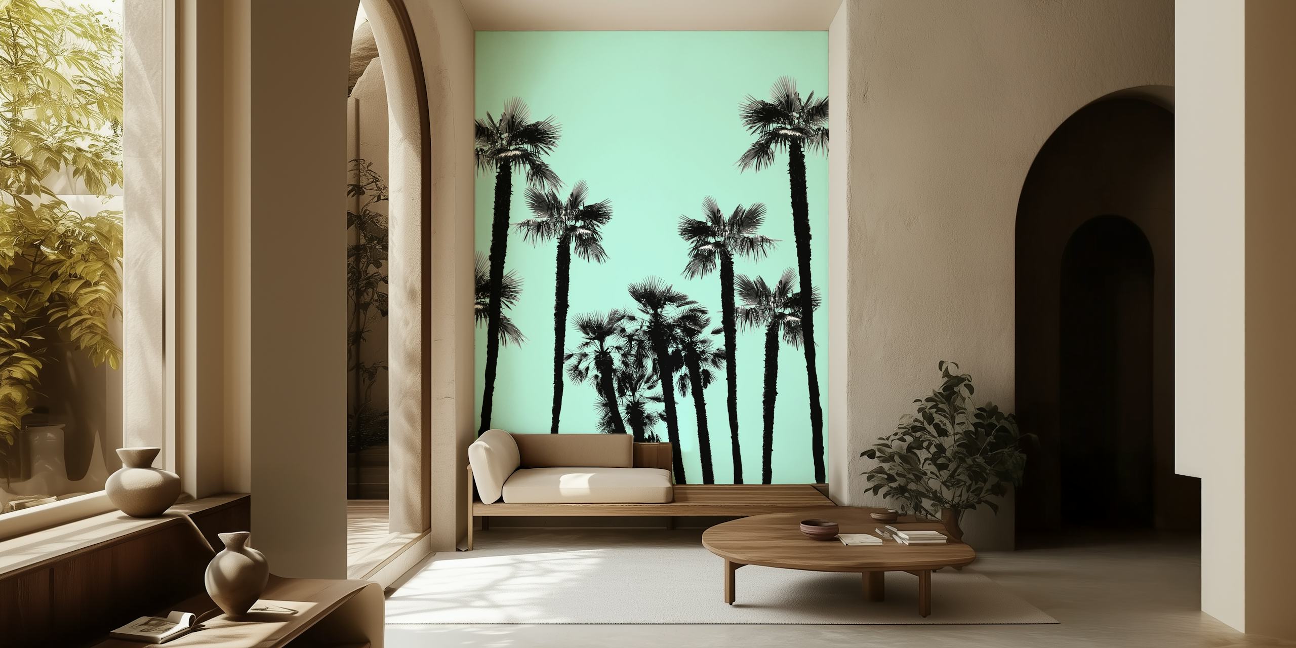 Silhouette of palm trees against a teal sky wall mural