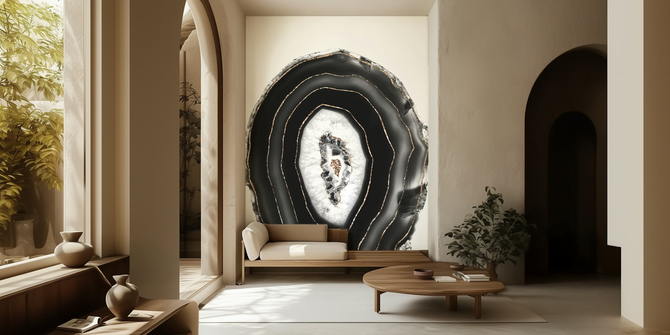 Black and white agate wallpaper with intricate patterns and layers