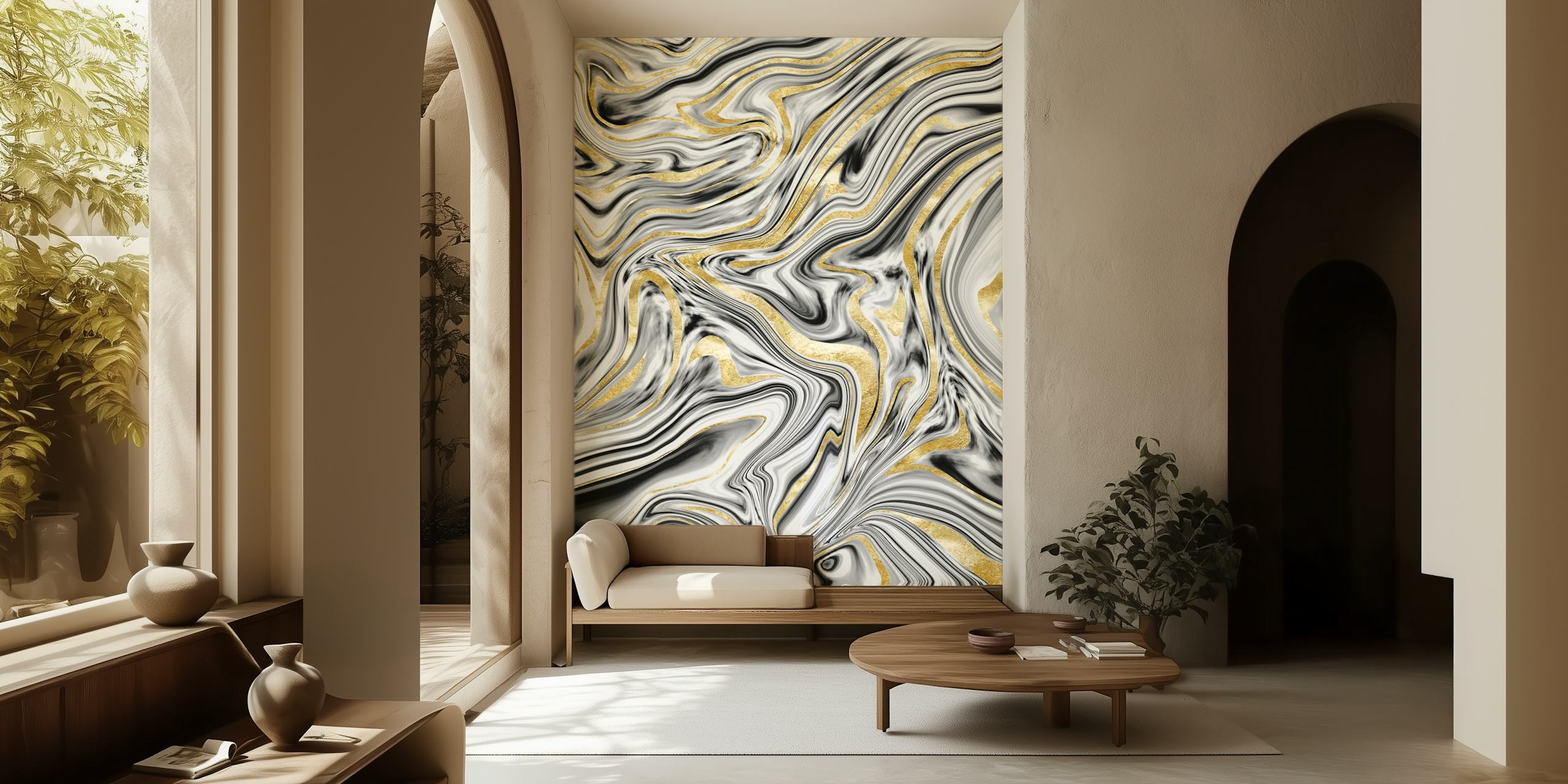 Swirling gray, black, white, and gold marble pattern wall mural