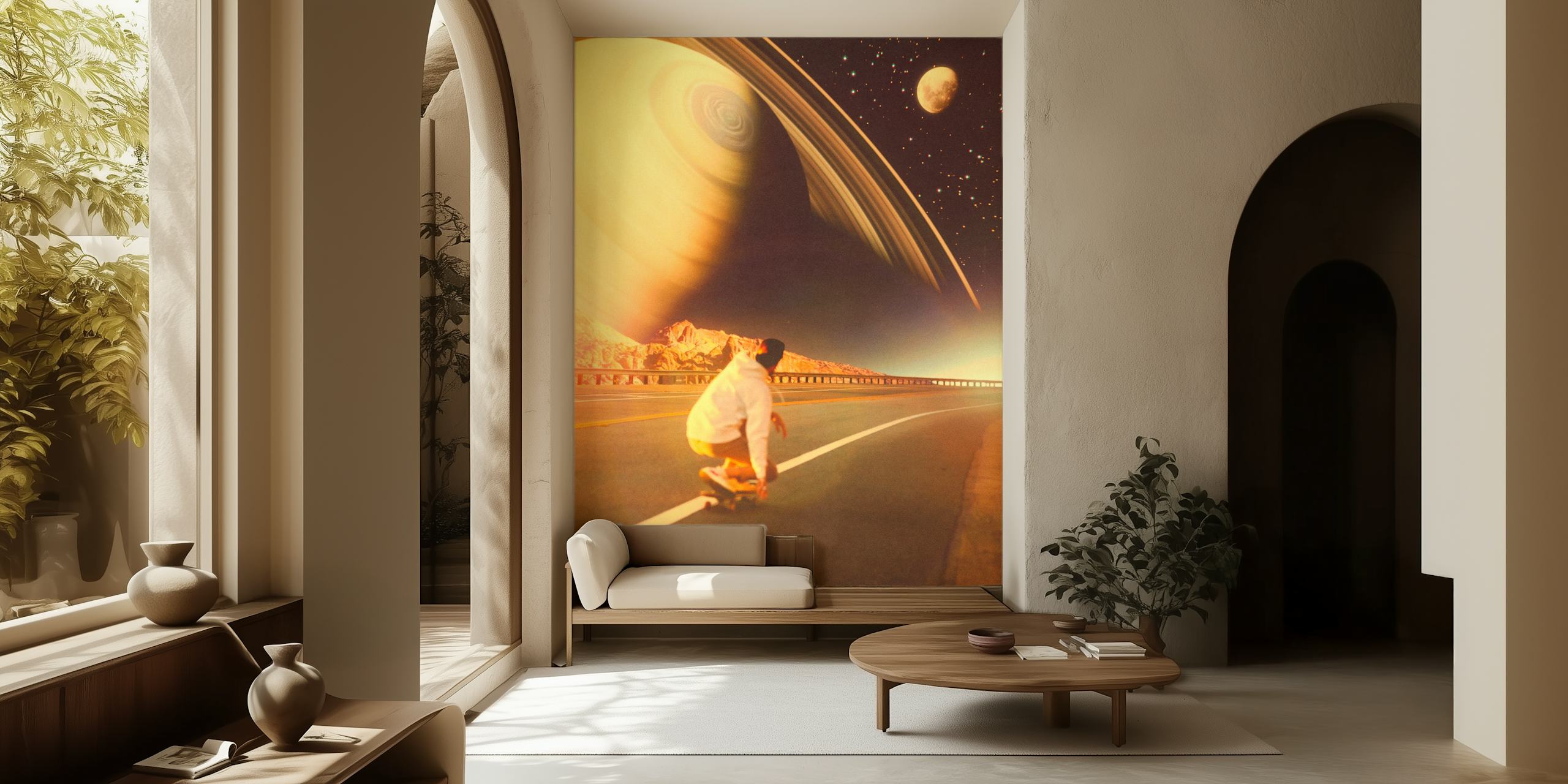 Skateboarder in space with swirling galaxies and rings. Cosmic wallpaper