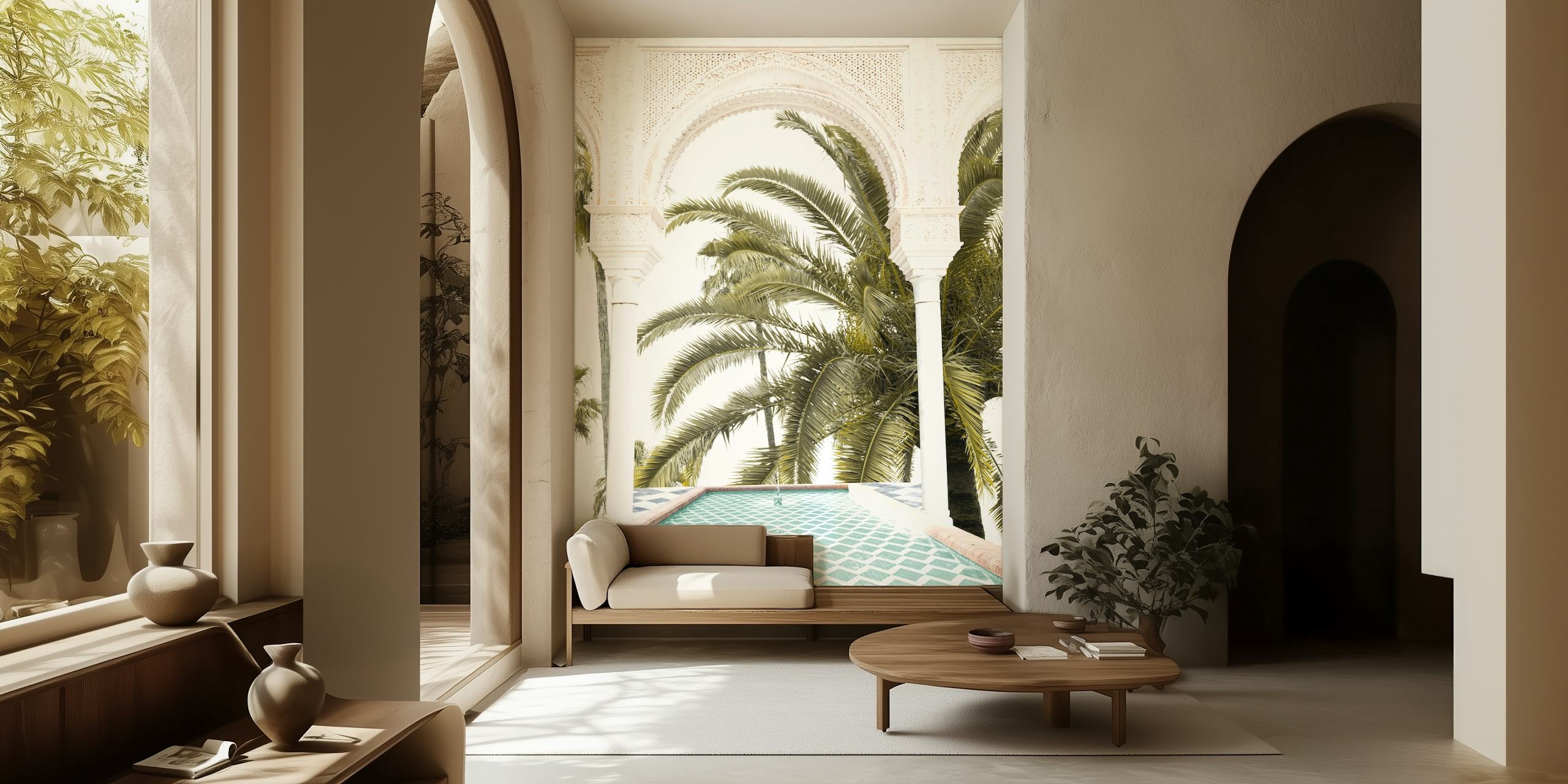 Tropical palm trees and geometric tile design wallpaper