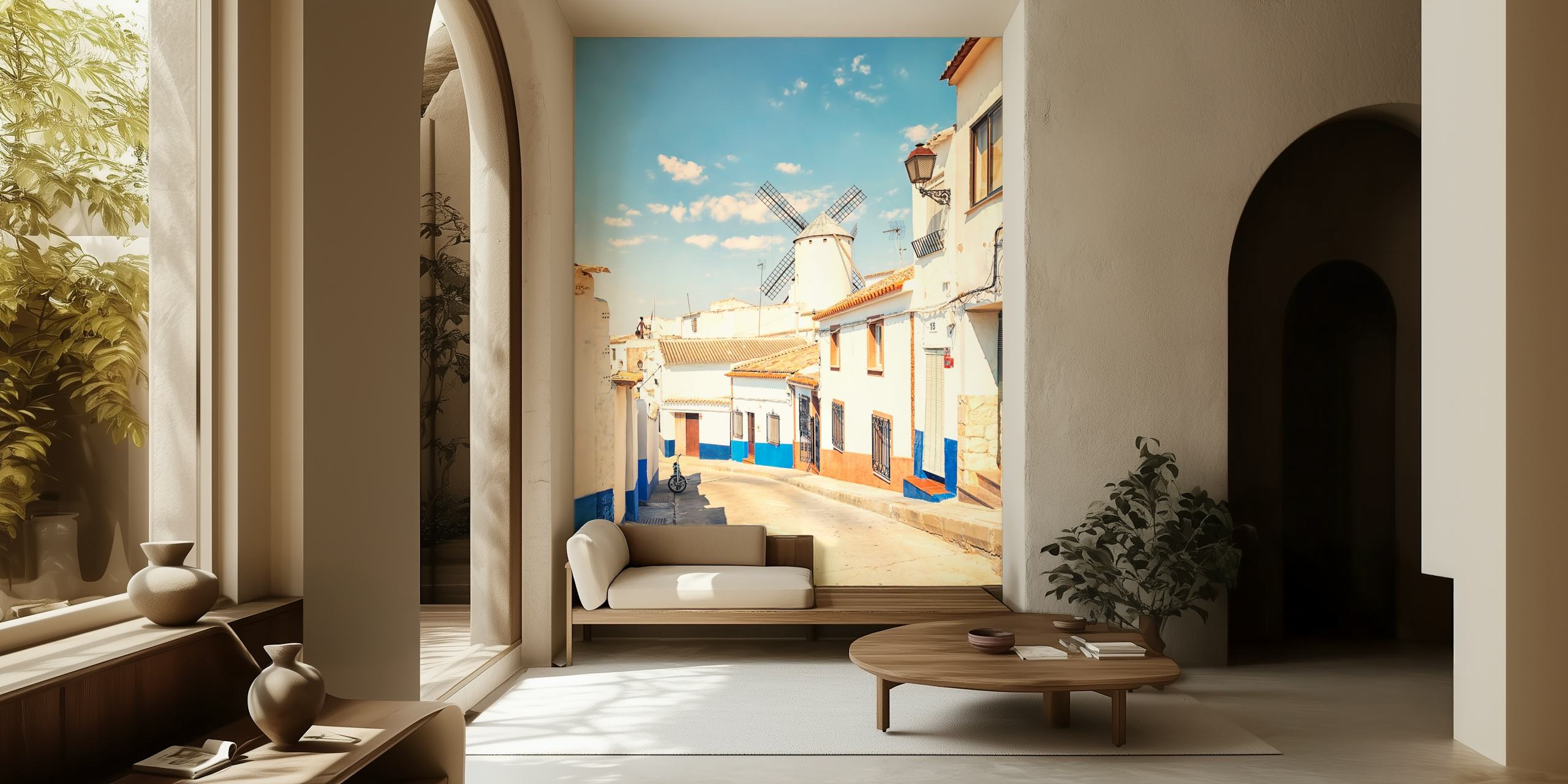 Charming white and blue windmill village wallpaper
