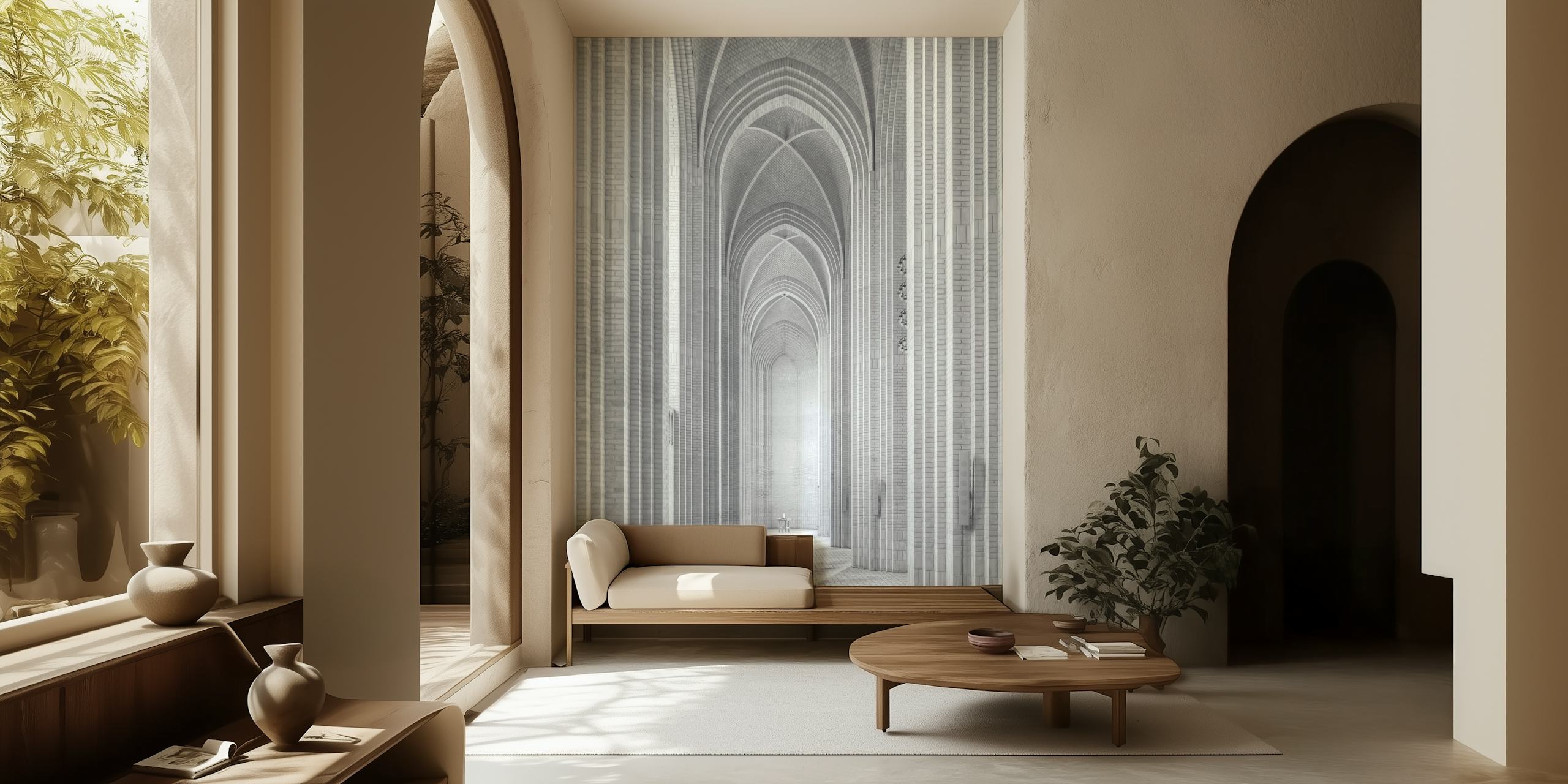 Architektur im monochromen Stil, hohe Bögen, schwarz-weiß Tapete
