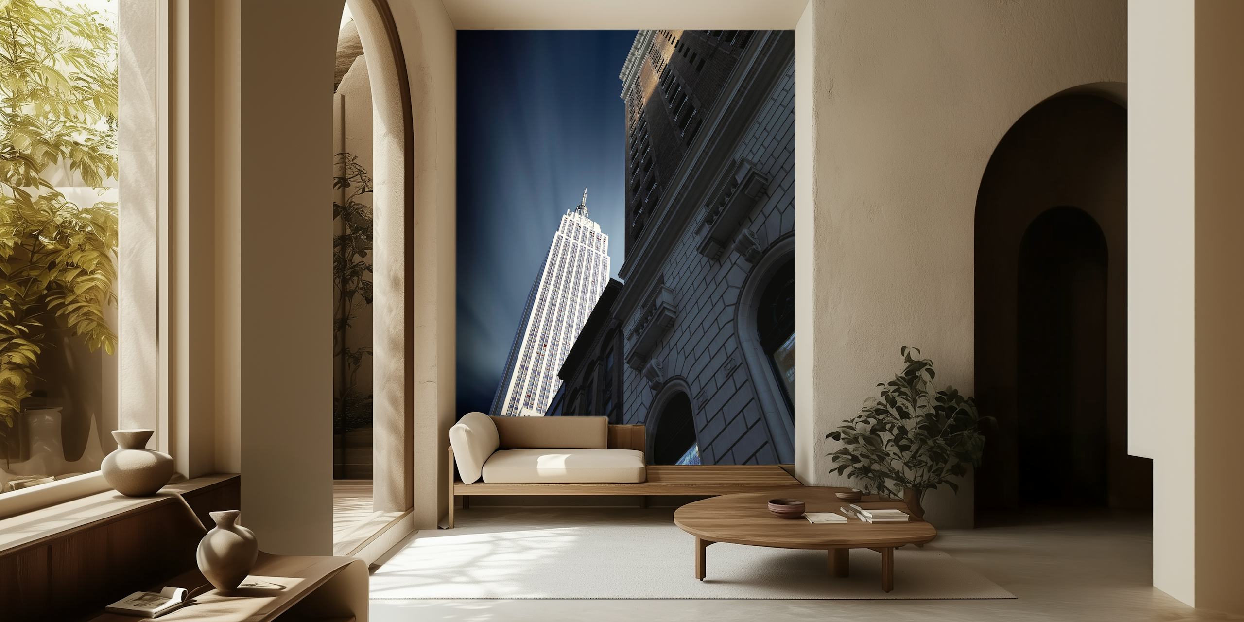 Skyscraper city skyline wallpaper featuring blue and silver tones with architectural details.