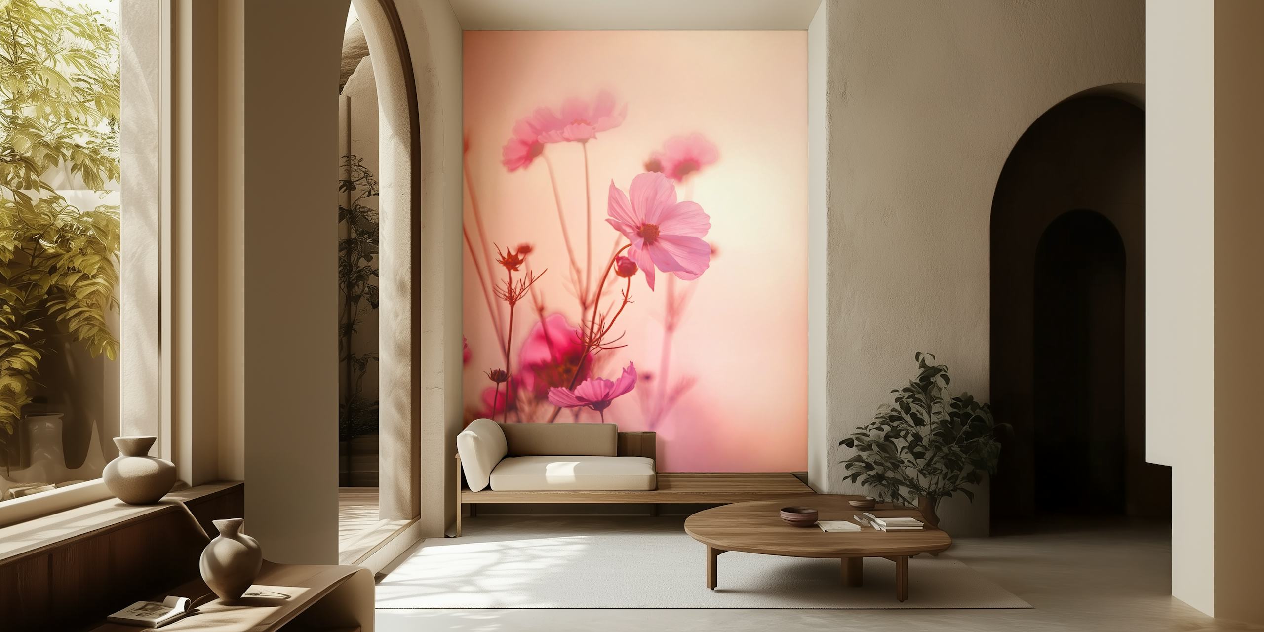 Soft pink floral wallpaper with delicate blooms and green stems