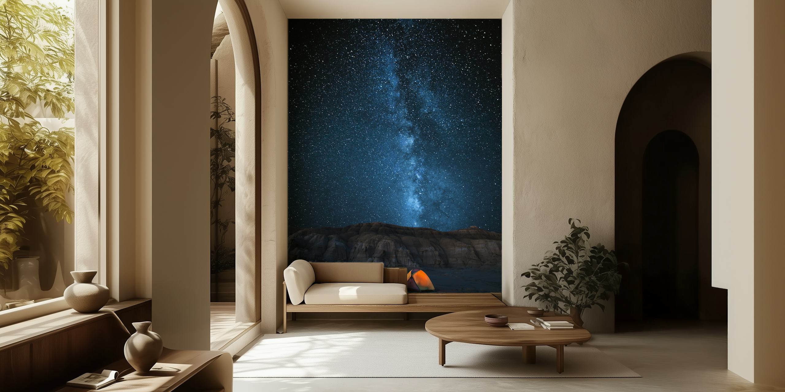 Night sky filled with stars and a glowing orange tent wallpaper