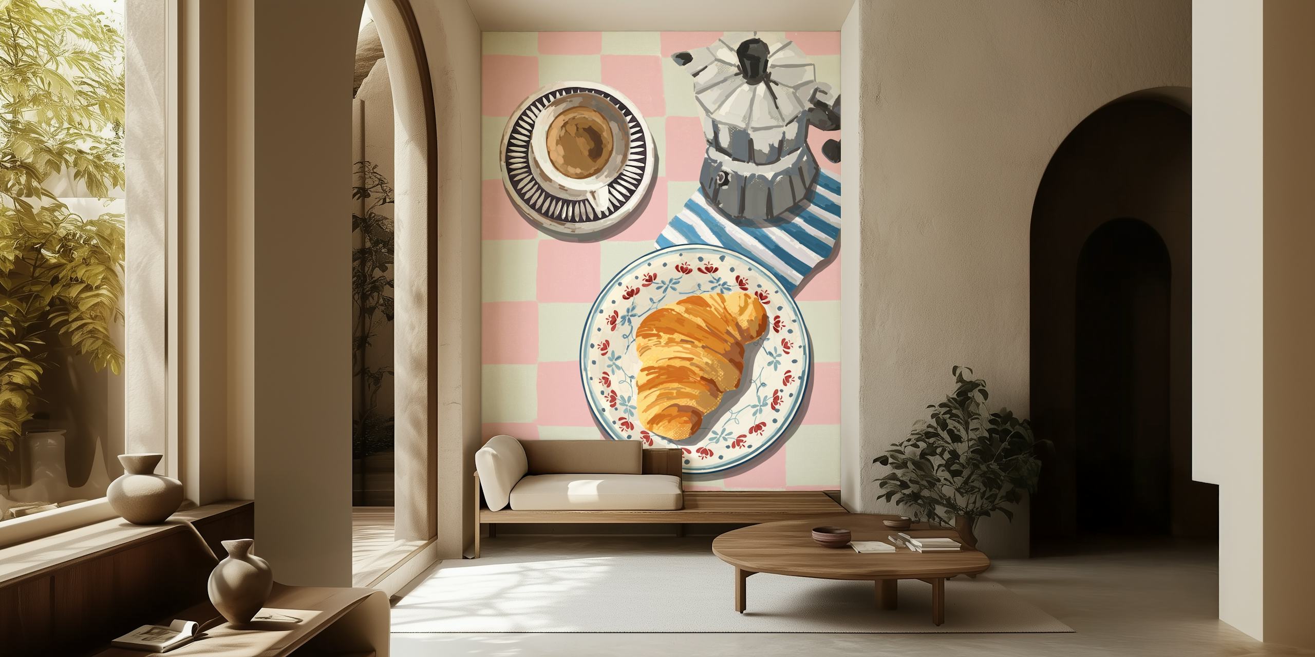 Croissant, coffee, and cezve on pink checkered background wallpaper
