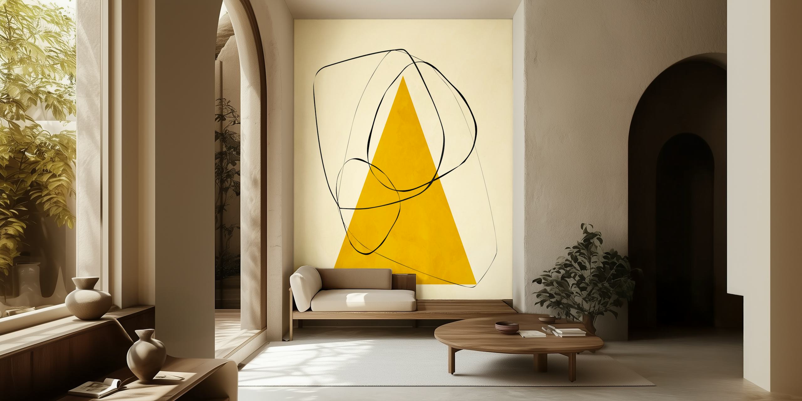 Abstrakt gul pyramid och svarta linjer Väggdekor