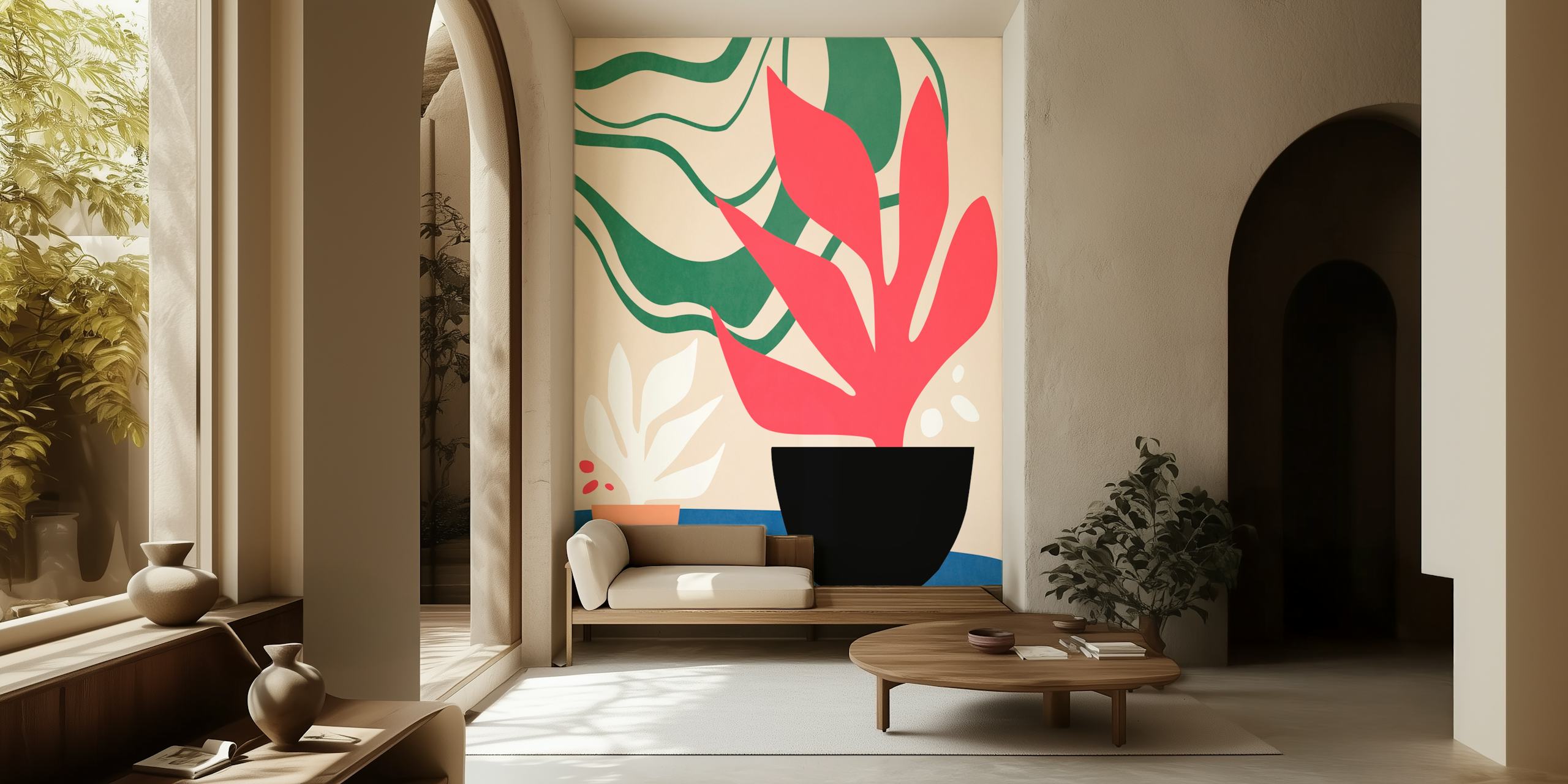 Abstrakt botanisk tapet med röda och gröna växtillustrationer på en neutral bakgrund
