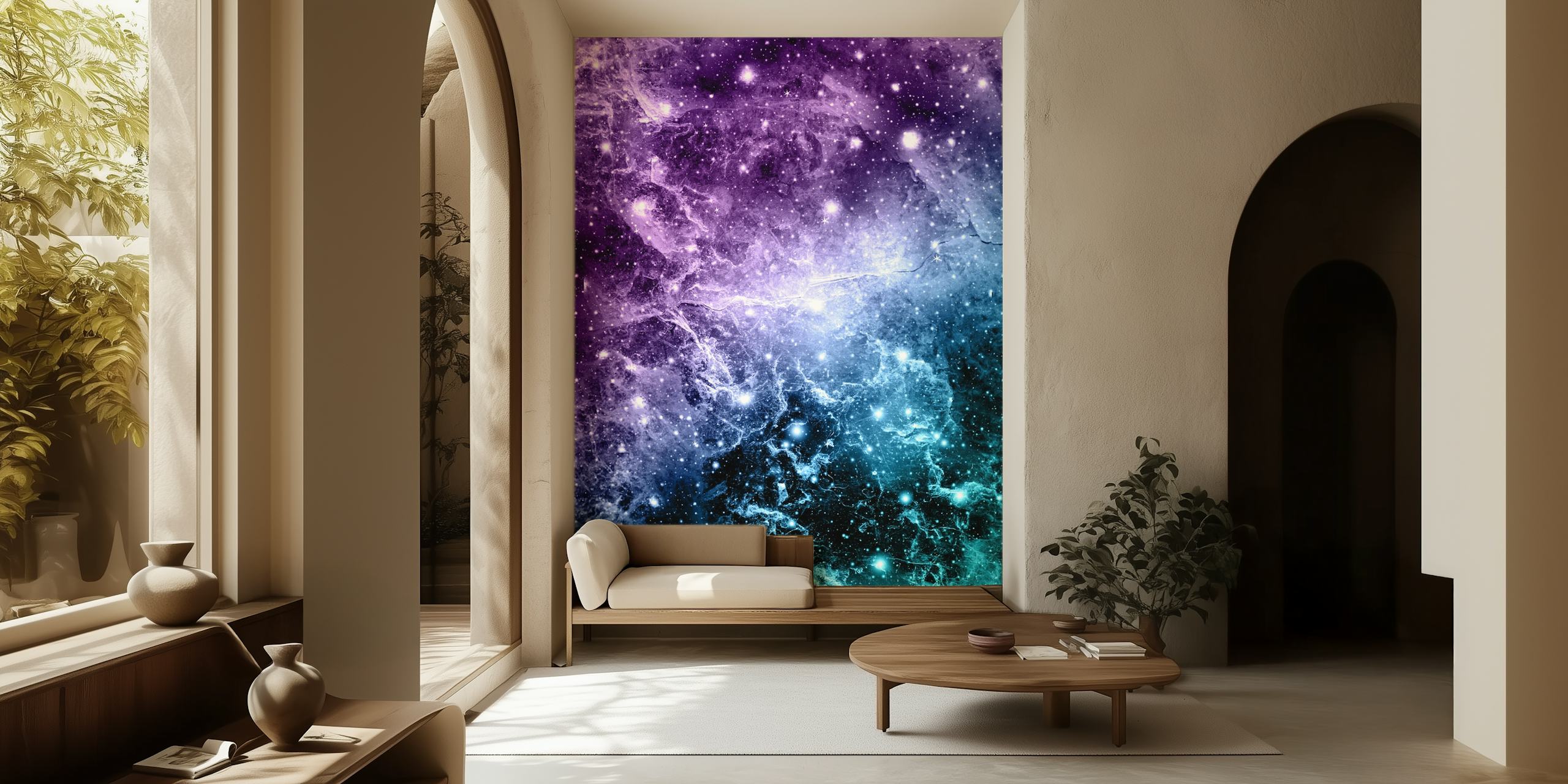 Cosmic nebula design in purple, teal, and blue colors wallpaper