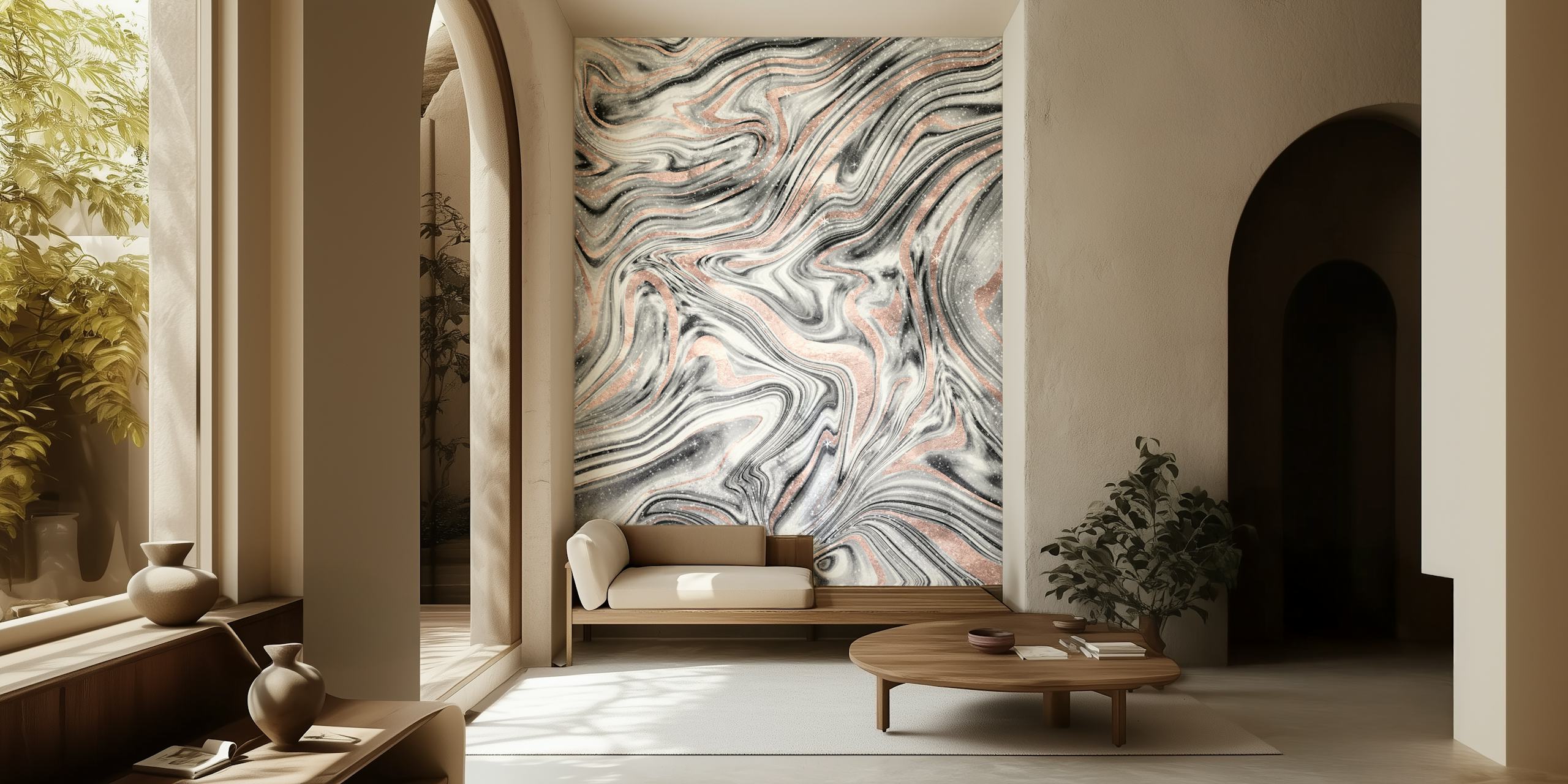 Bohemian-inspired marble pattern wall mural with soft pink and grey swirls