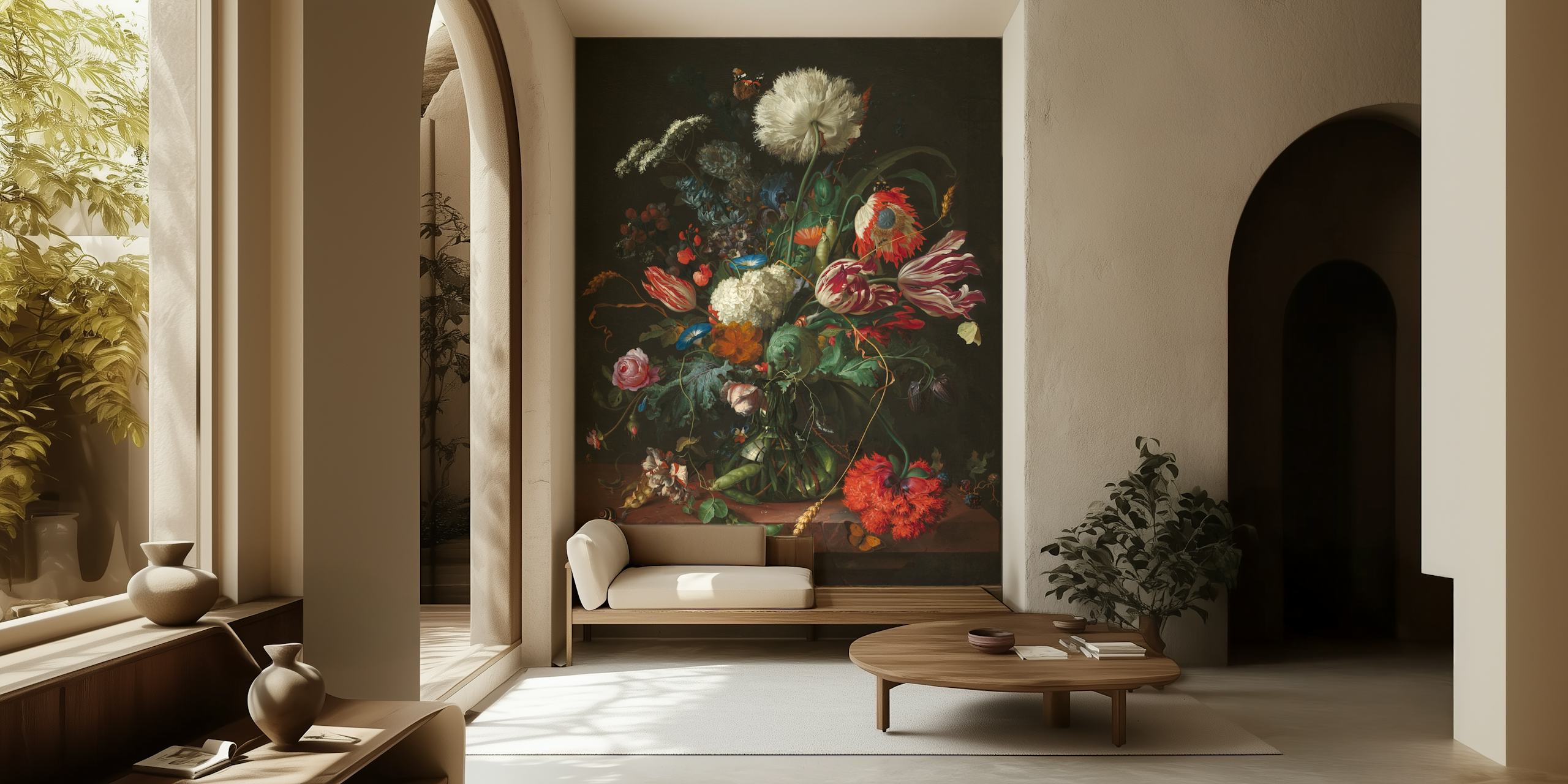 Colorful floral bouquet, featuring various flowers, vintage wallpaper