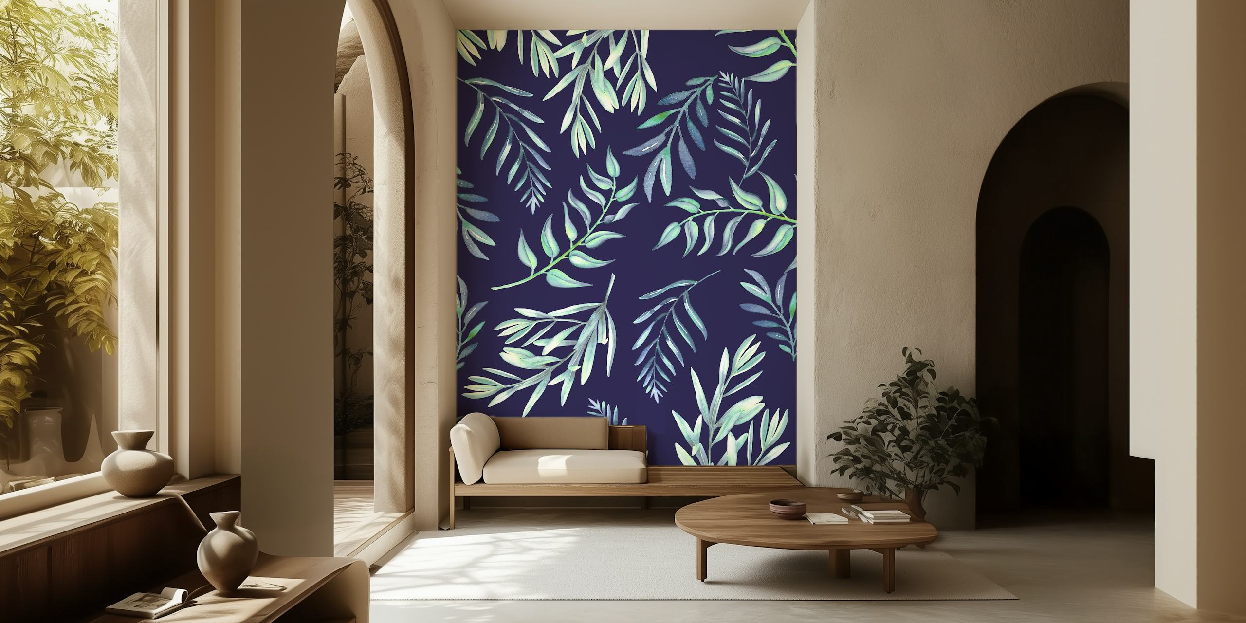 Floating Leaves Blue zidna slika sa stiliziranim lišćem na tamnoplavoj pozadini