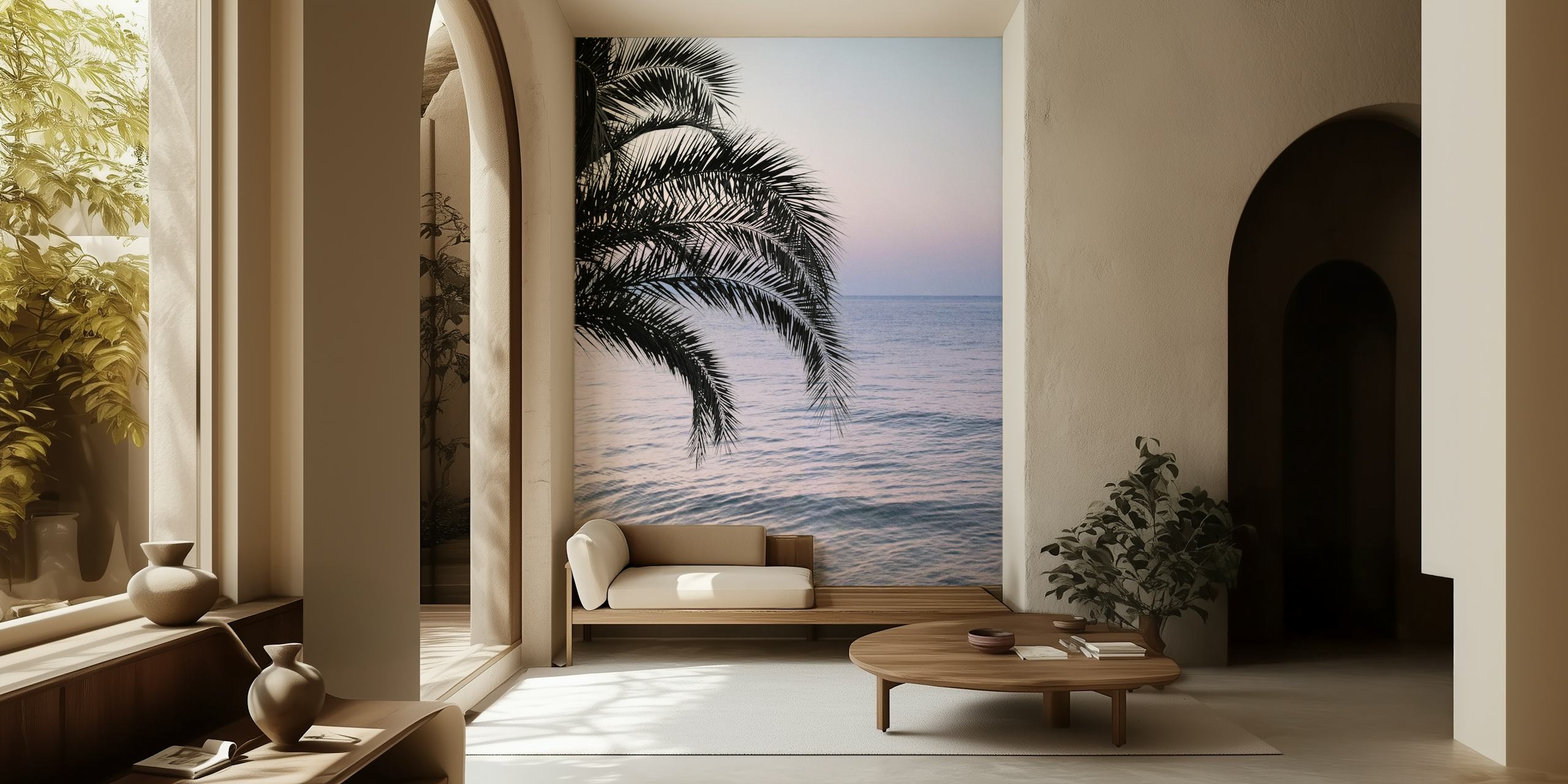Tropical palm leaves over a soft ocean sunset wallpaper