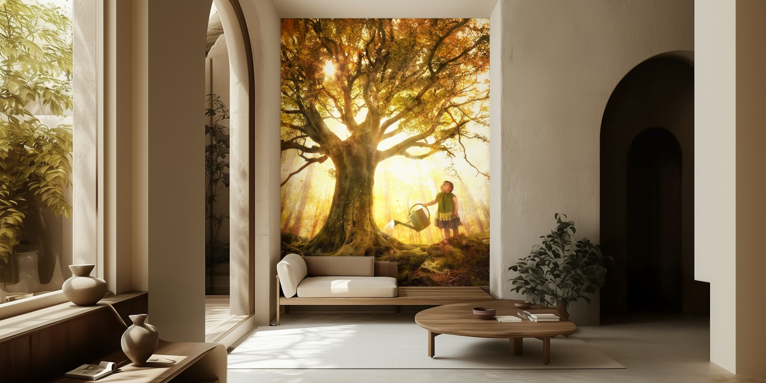 Whimsical tree with warm golden light and a child watering it wallpaper