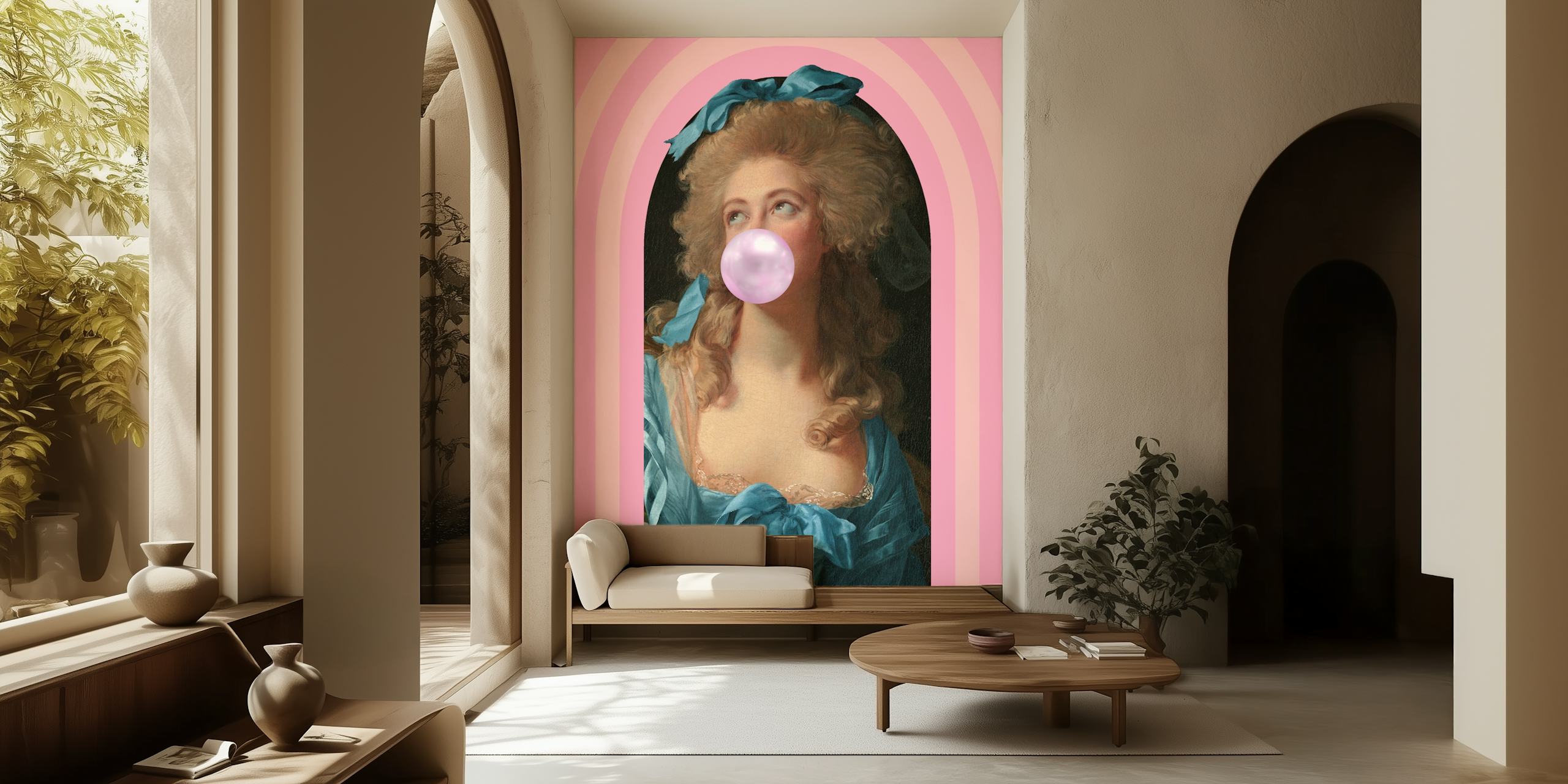 Vintage woman blowing bubblegum on pink background wallpaper