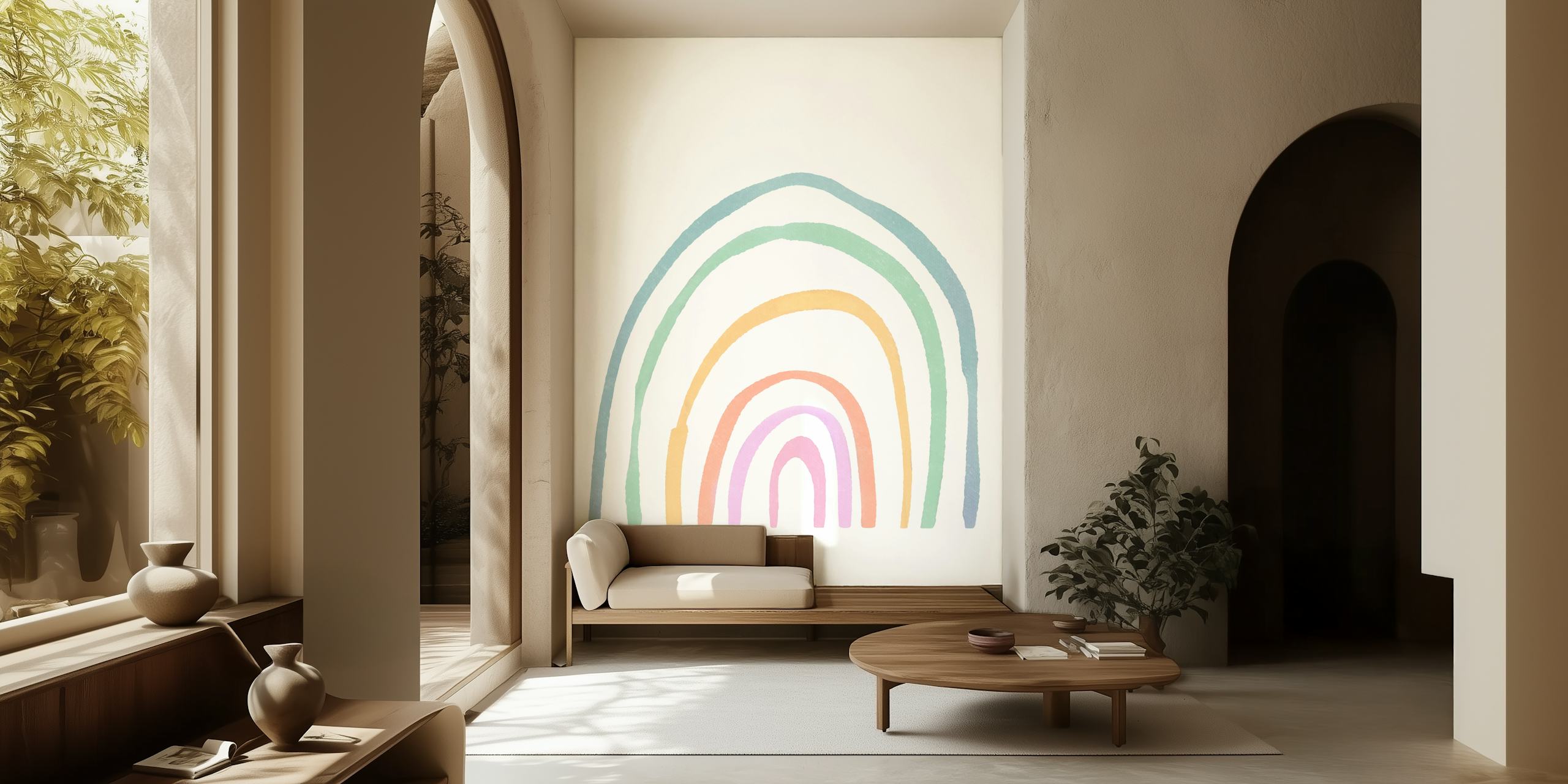 Quirky Pastel Rainbow behang in een kamer