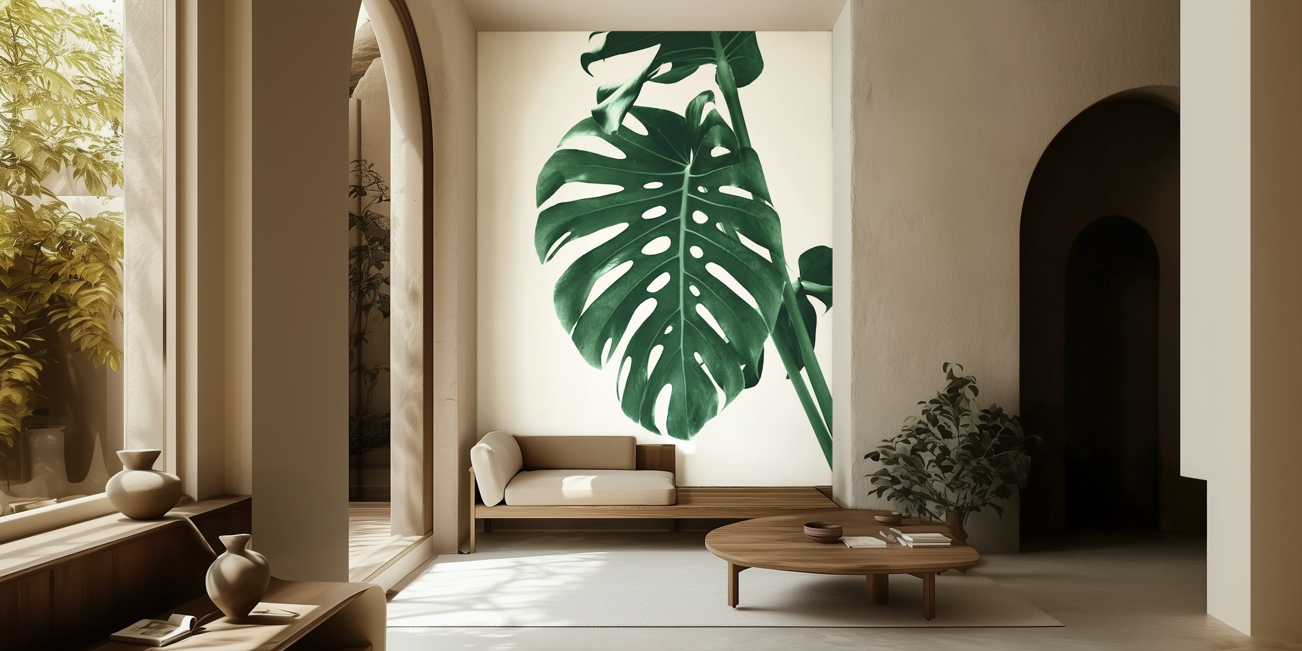 Green monstera leaf on white background wallpaper