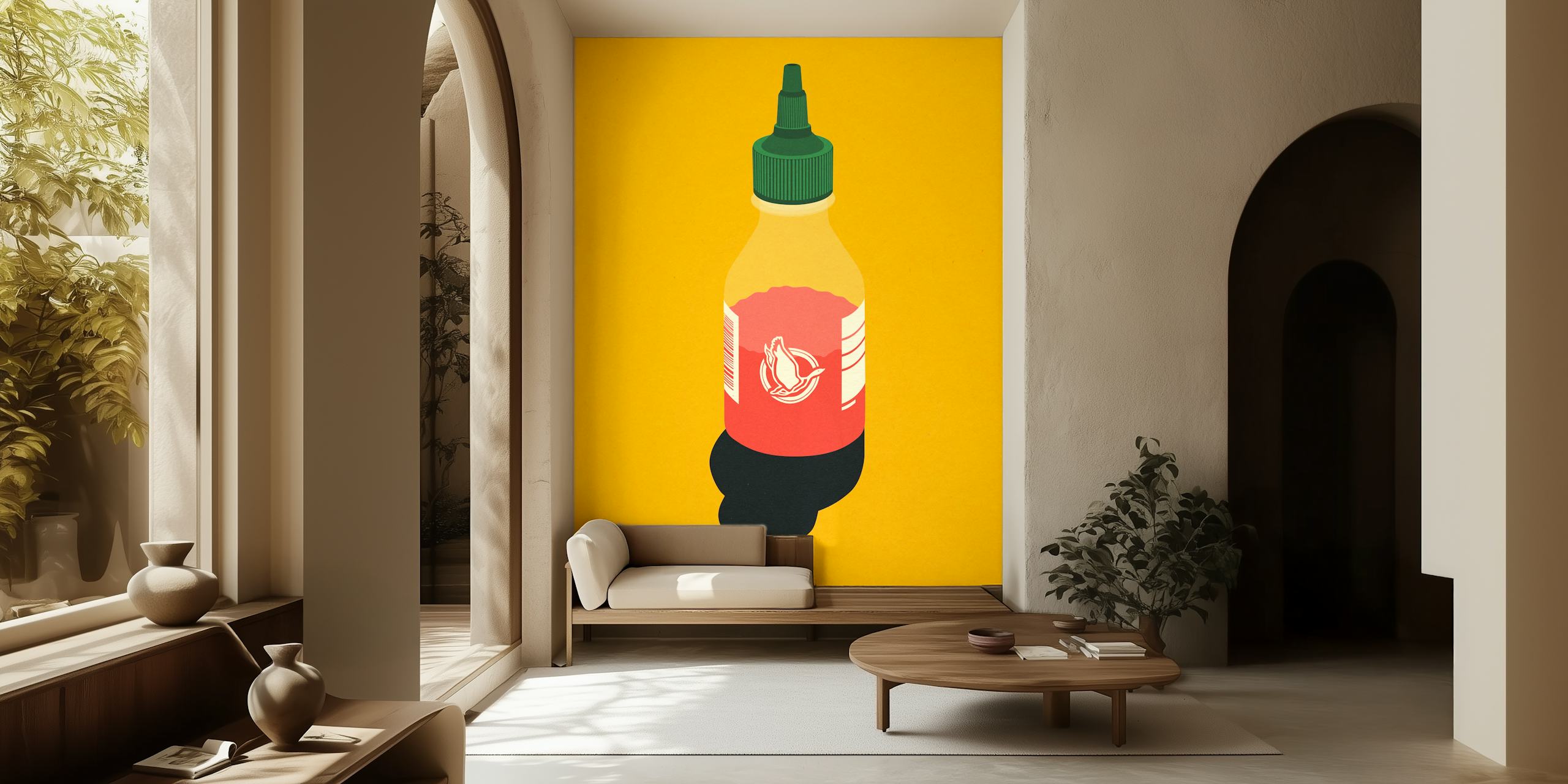 Hot sauce bottle illustration wall mural on a yellow background