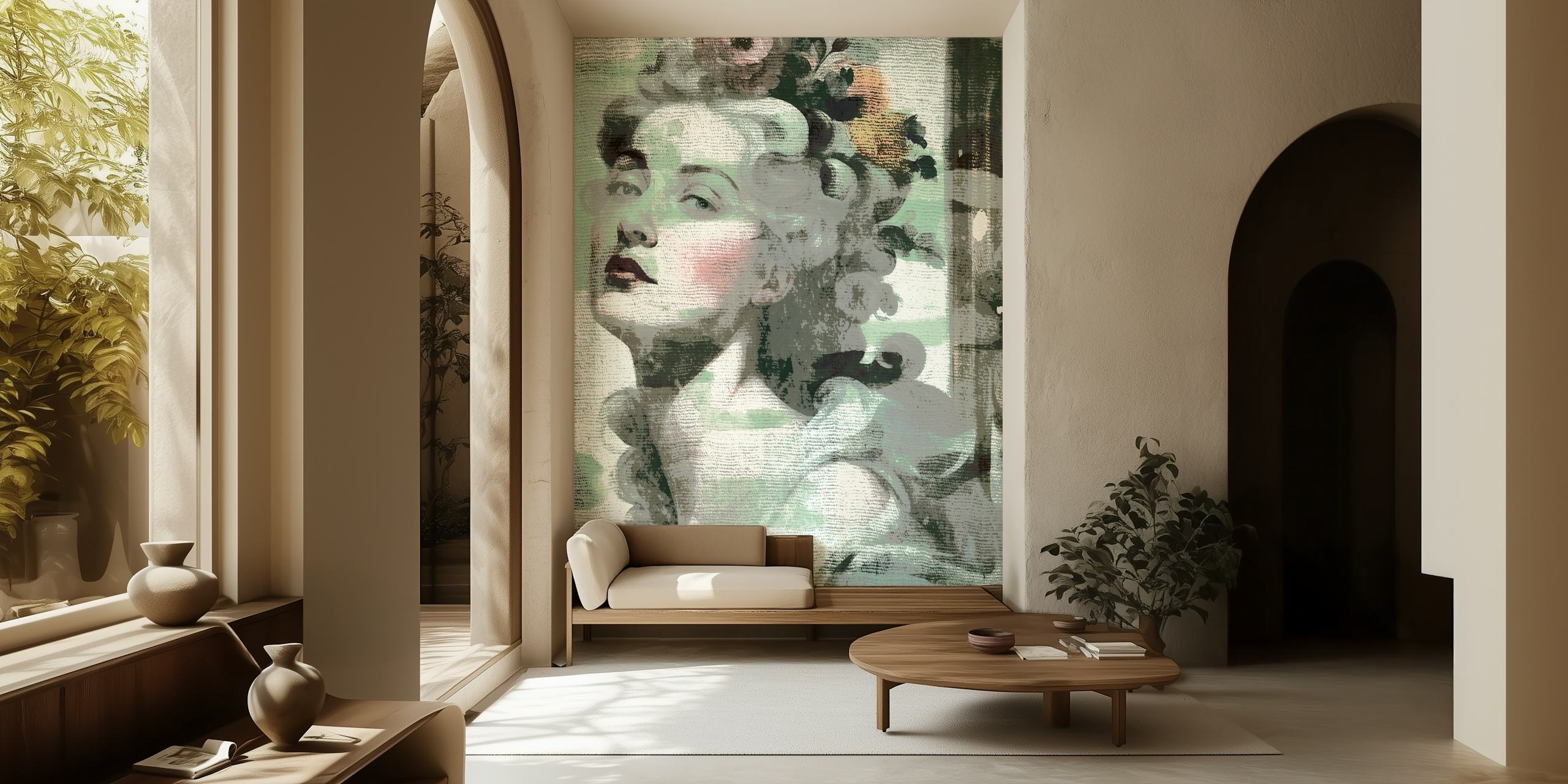 Madame Baroque Floral Canvas wall mural featuring a classical portrait with flowers