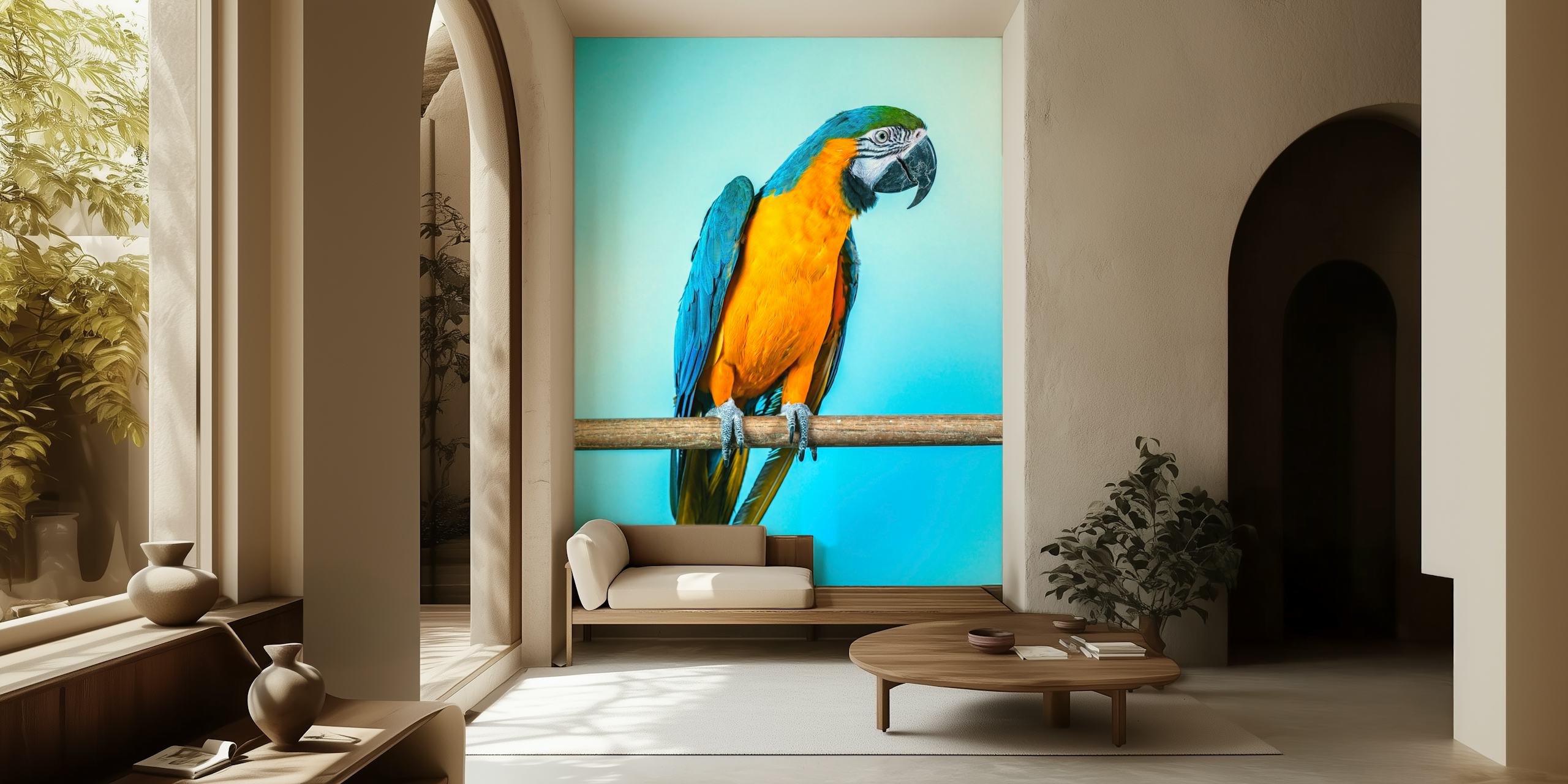 Vibrant parrot wallpaper in a room