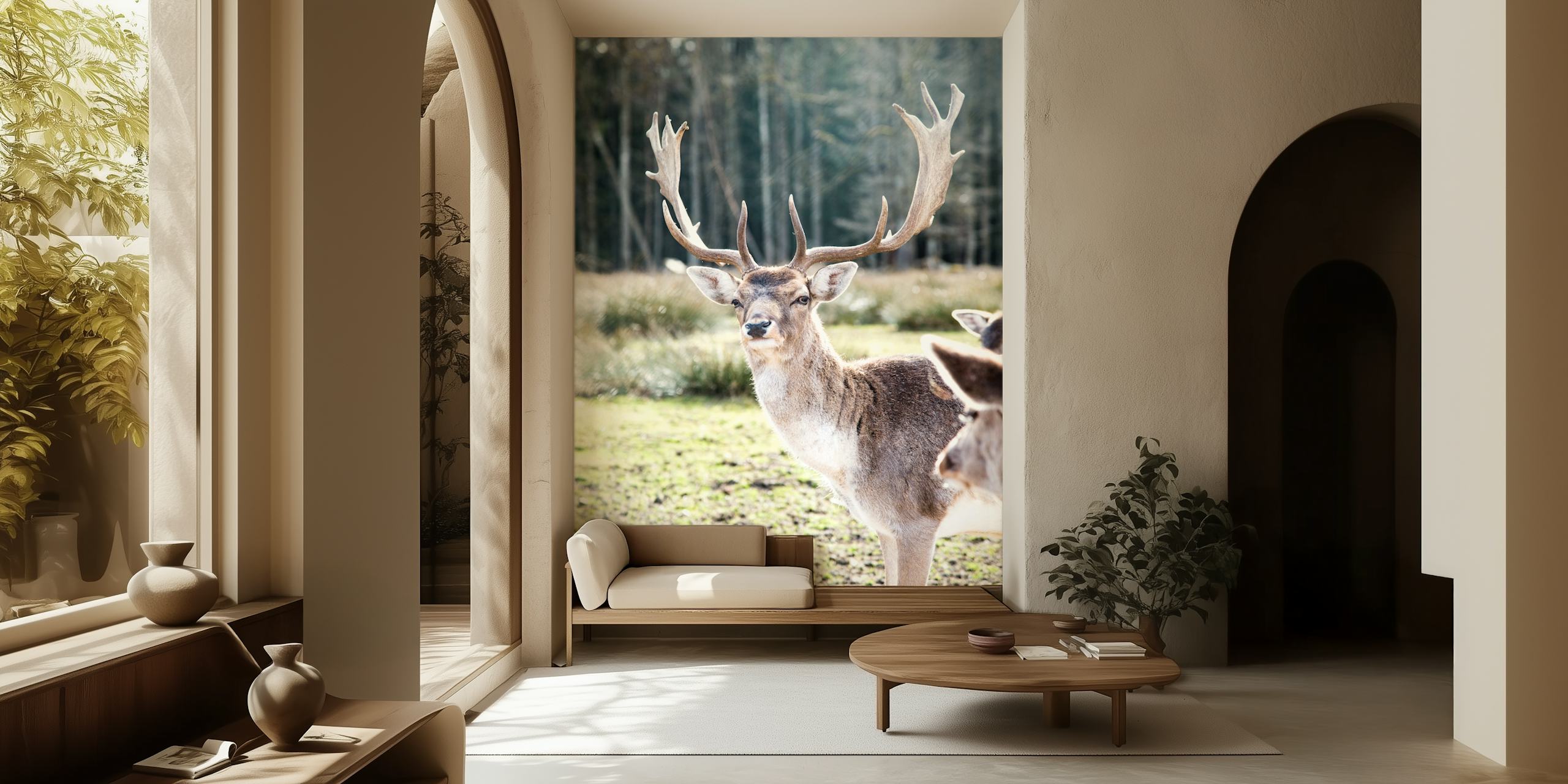 A noble stag standing in a forest clearing, evoking a sense of serenity and nature in a wall mural.