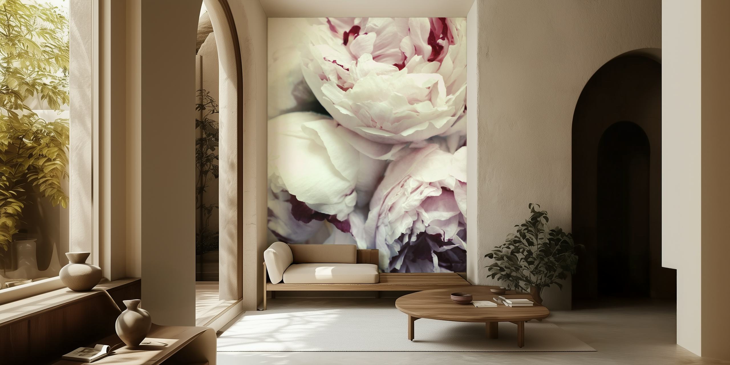 Large pink peonies in soft white background wallpaper