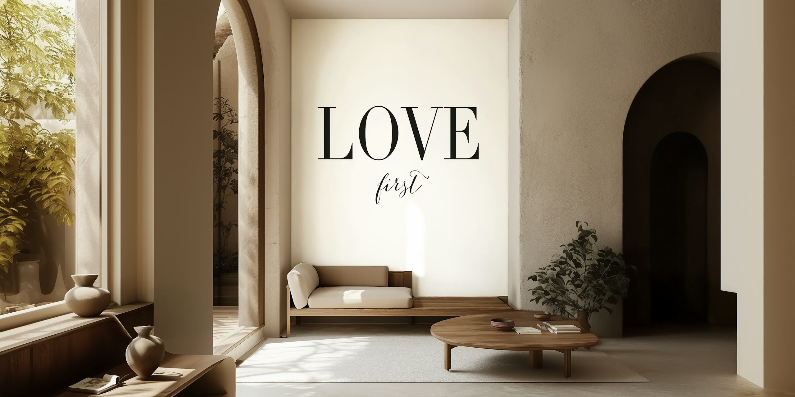 Modern typography wallpaper displaying the phrase 'LOVE first' in black on a white background