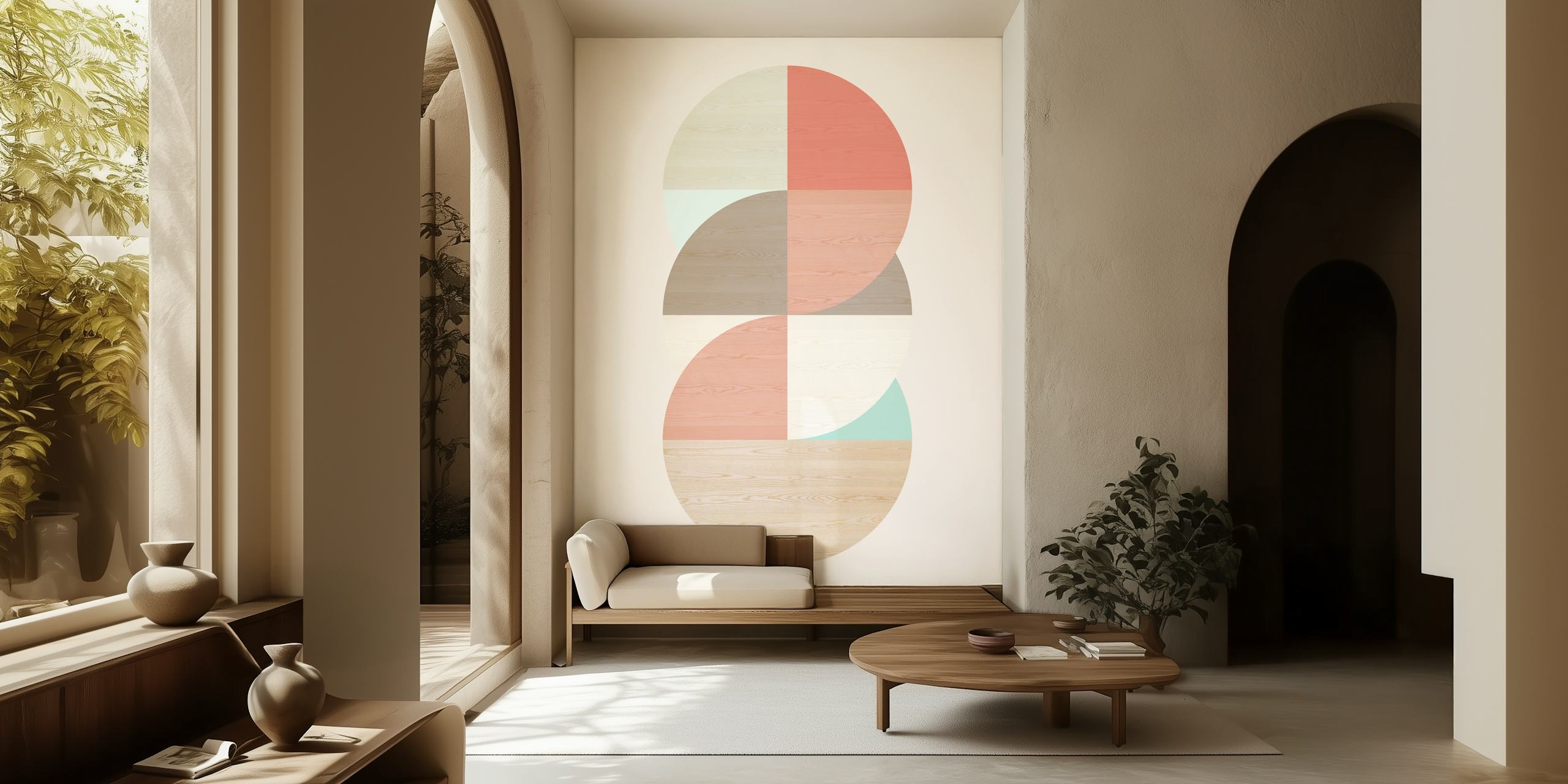 Geometric pastel colored wooden circles wallpaper