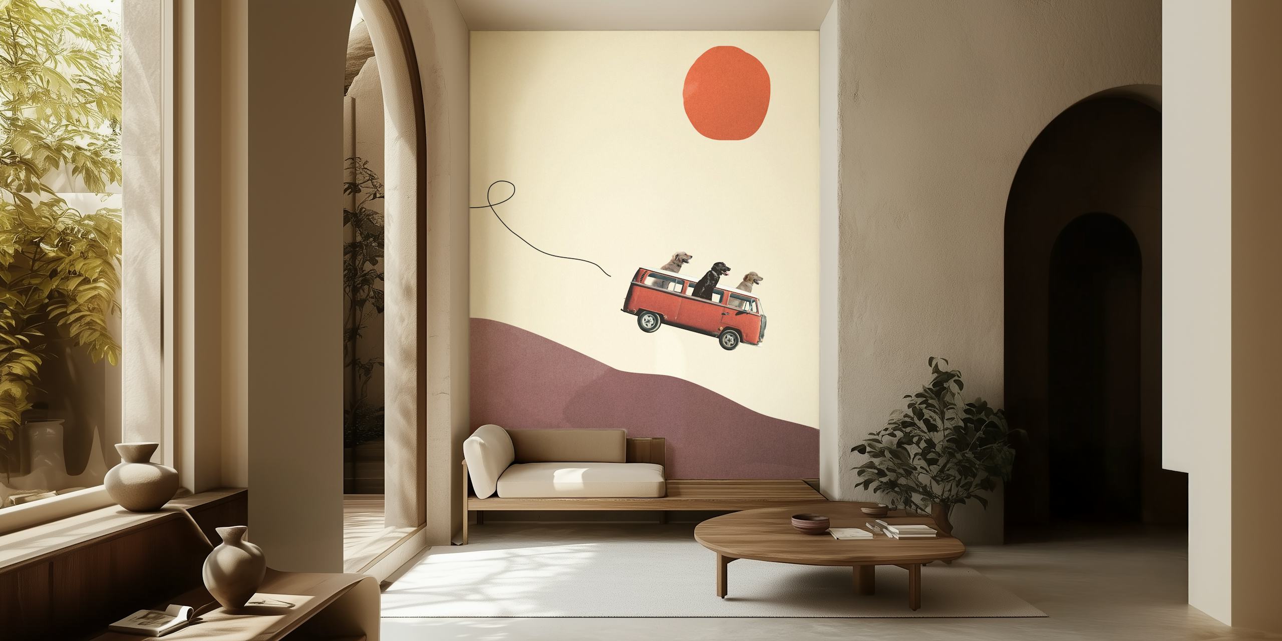 Three dogs in a red van against a pastel background wall mural