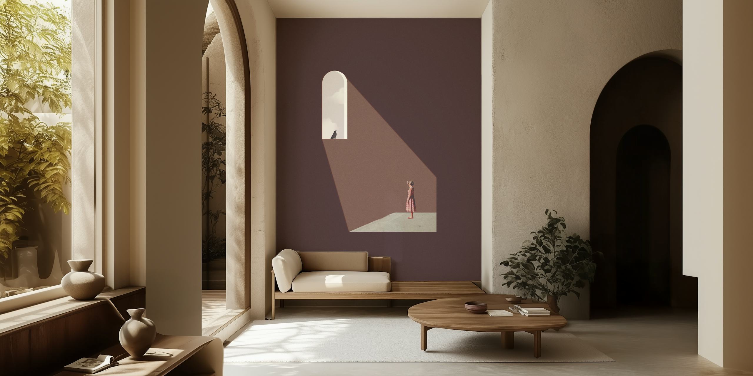 A girl standing under a window with a bird, brown tones, minimalist wallpaper